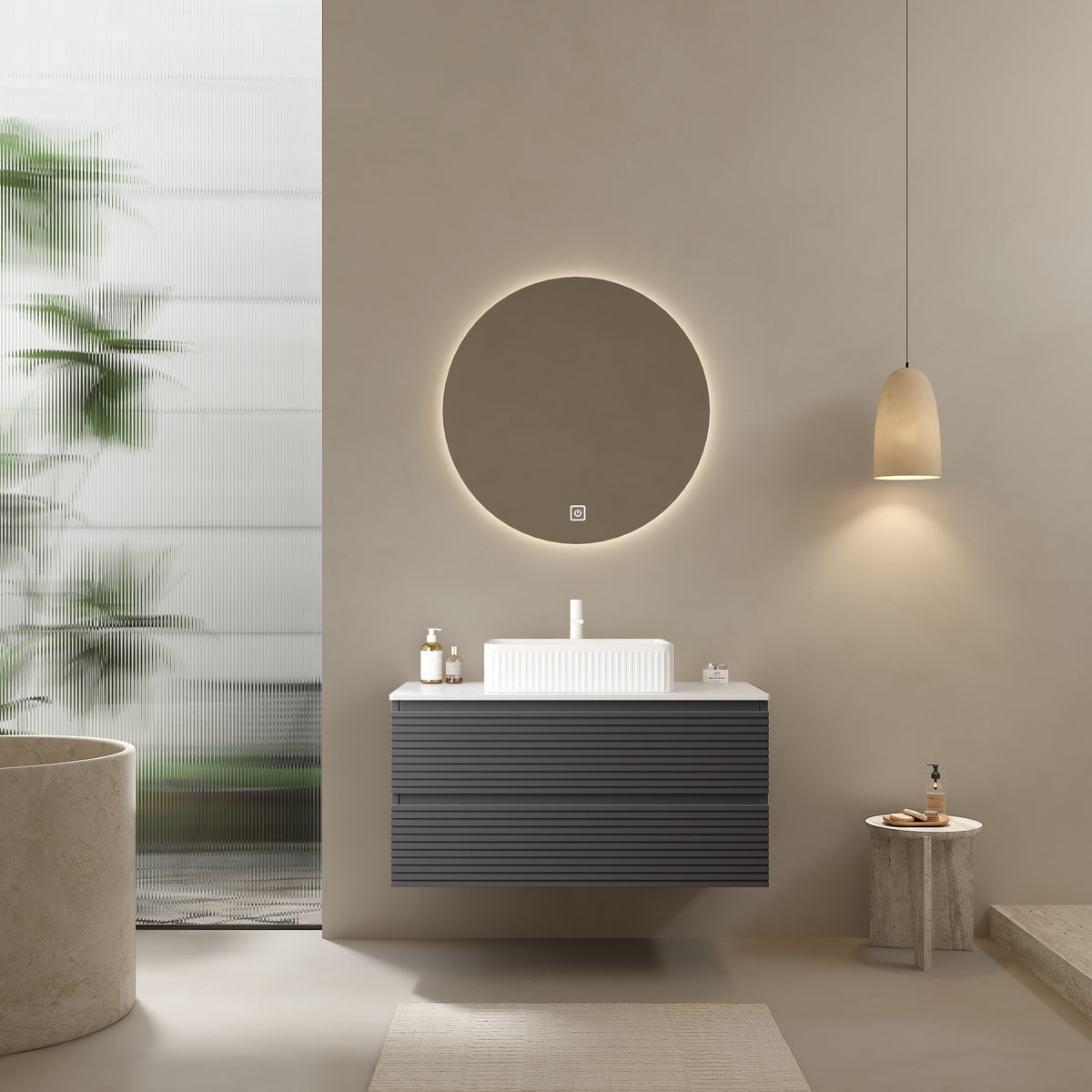 VEDO 36" Bathroom Vanity with Vessel Sink, Wall-Mounted Floating Plywood Striped Bathroom Storage Cabinet with 2 Drawers, White Ceramic Basin and Carrara White Countertop, without Faucet, Gray Color