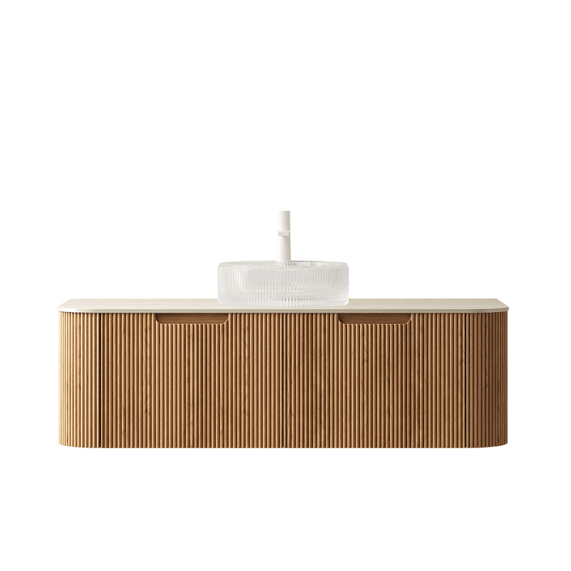 DINA 48" Bathroom Vanity&Sink, Floating Curved Edges Striped Storage Cabinet with 2 Drawers, Transparent Round Glass Basin&Travertine-Pattern Sintered Stone Top, Pre-assembled, Natural Woodgrain Color