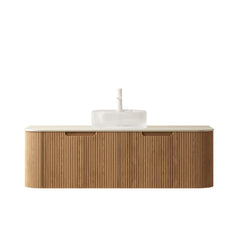 DINA 48" Bathroom Vanity&Sink, Floating Curved Edges Striped Storage Cabinet with 2 Drawers, Transparent Round Glass Basin&Travertine-Pattern Sintered Stone Top, Pre-assembled, Natural Woodgrain Color
