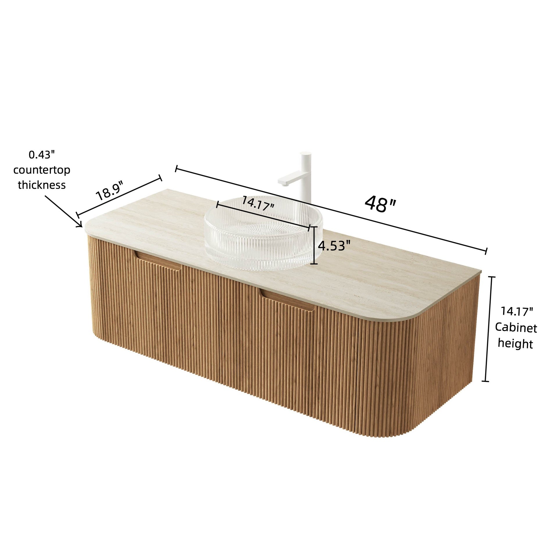 DINA 48" Bathroom Vanity&Sink, Floating Curved Edges Striped Storage Cabinet with 2 Drawers, Transparent Round Glass Basin&Travertine-Pattern Sintered Stone Top, Pre-assembled, Natural Woodgrain Color