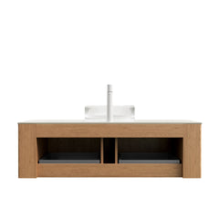 DINA 48" Bathroom Vanity&Sink, Floating Curved Edges Striped Storage Cabinet with 2 Drawers, Transparent Round Glass Basin&Travertine-Pattern Sintered Stone Top, Pre-assembled, Natural Woodgrain Color