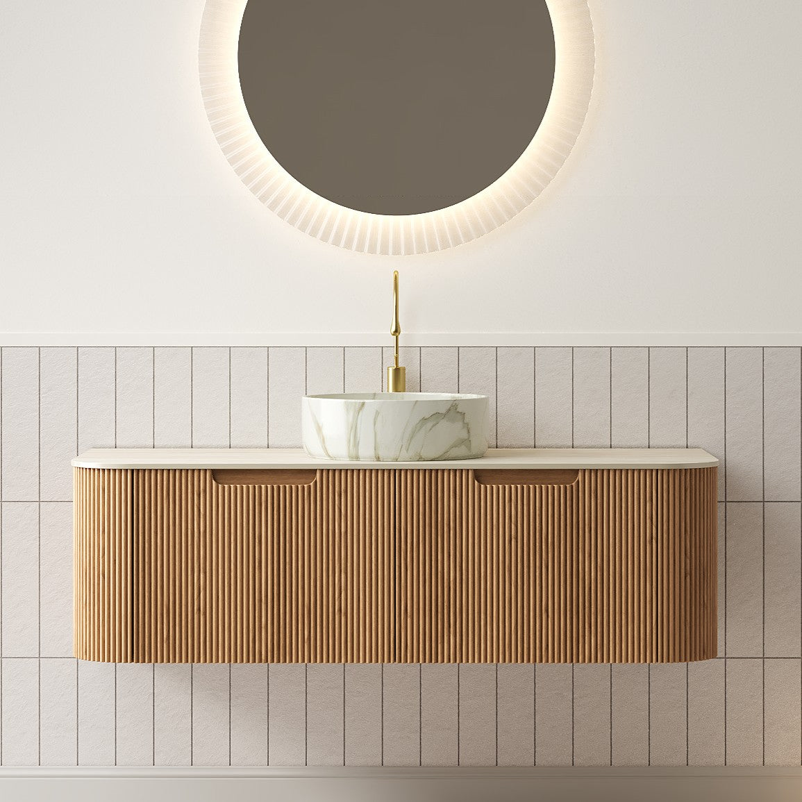 DINA 48" Bathroom Vanity&Sink, Floating Curved Edges Striped Cabinet with Drawers, Round Ceramic Basin with Stone Pattern&Travertine-Pattern Sintered Stone Top, Pre-assembled, Natural Woodgrain Color