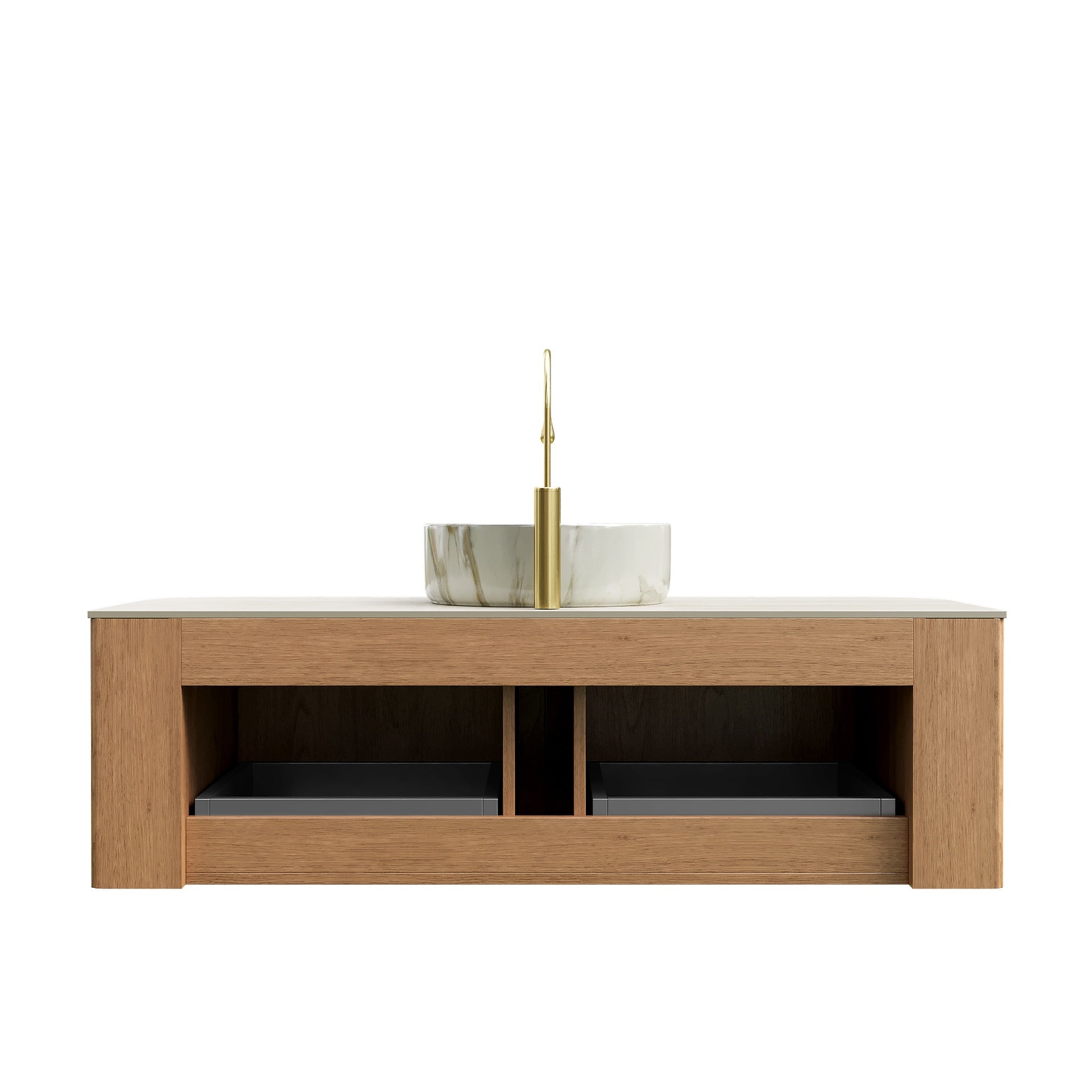 DINA 48" Bathroom Vanity&Sink, Floating Curved Edges Striped Cabinet with Drawers, Round Ceramic Basin with Stone Pattern&Travertine-Pattern Sintered Stone Top, Pre-assembled, Natural Woodgrain Color