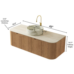 DINA 48" Bathroom Vanity&Sink, Floating Curved Edges Striped Cabinet with Drawers, Round Ceramic Basin with Stone Pattern&Travertine-Pattern Sintered Stone Top, Pre-assembled, Natural Woodgrain Color