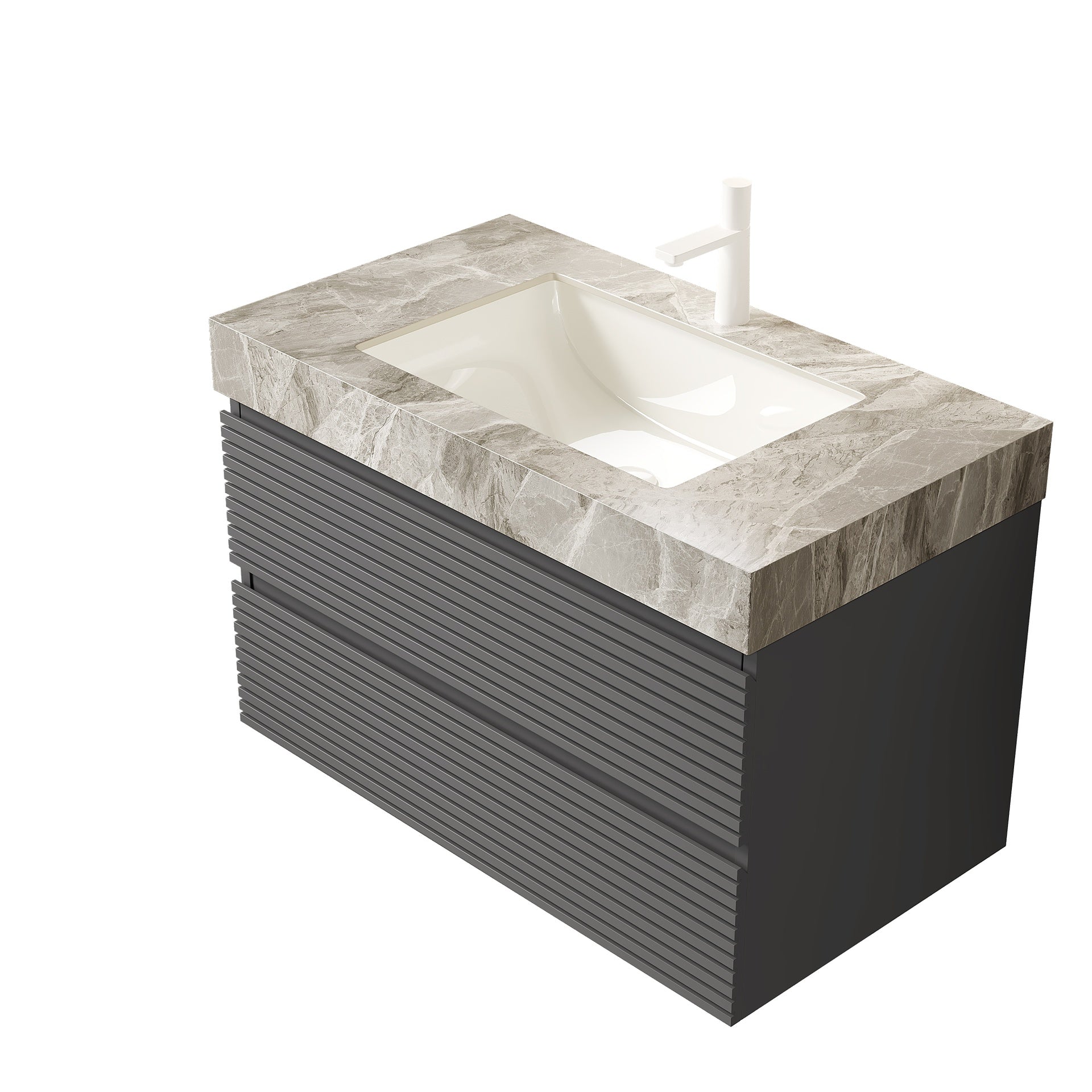 VENO 36" Bathroom Vanity with Undermount Sink, Floating Plywood Striped Storage Cabinet with 2 Drawers, Itlay Light Gray with Stone Pattern Sintered Stone Top, NO Faucet and Drain, Gray Color