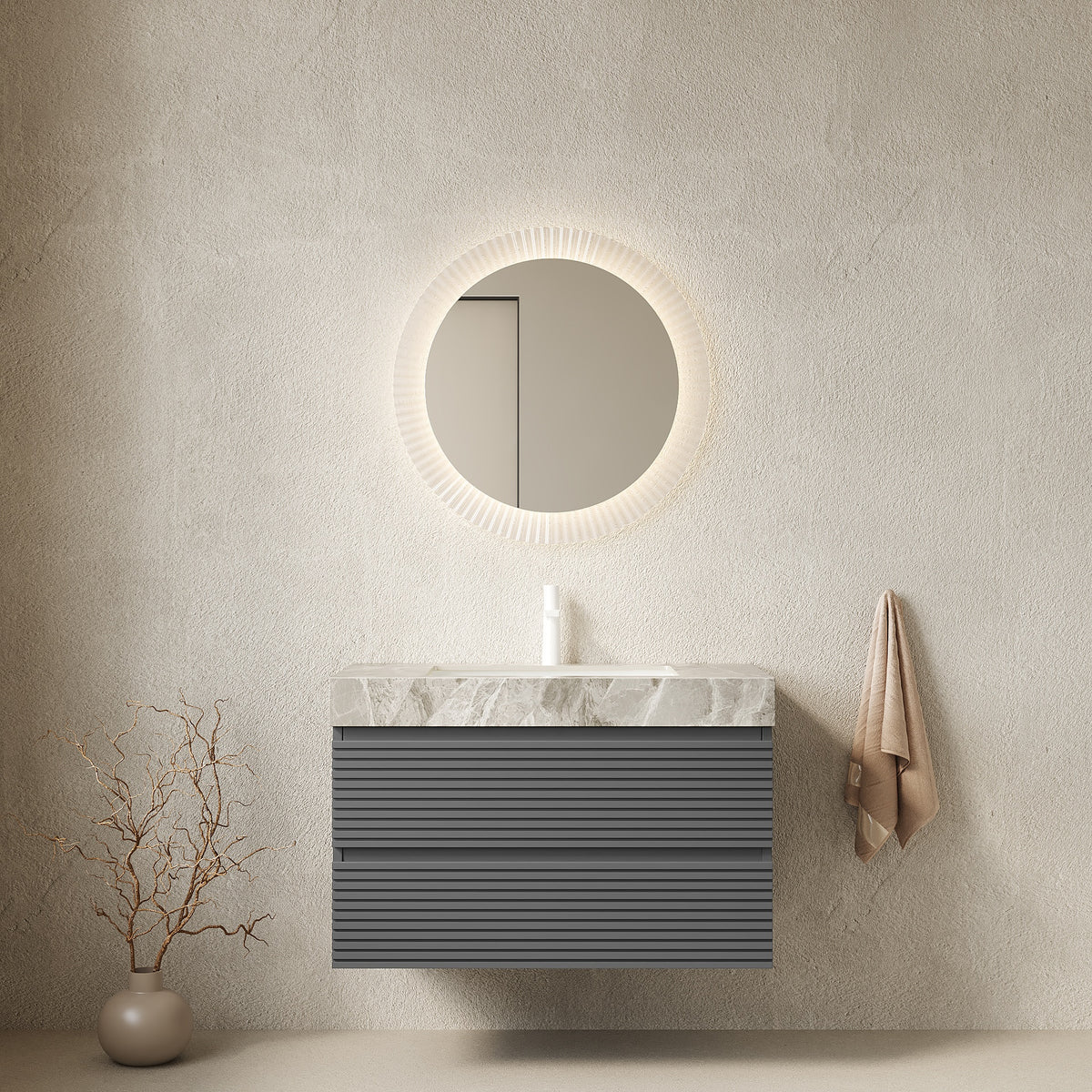 VENO 36" Bathroom Vanity with Undermount Sink, Floating Plywood Striped Storage Cabinet with 2 Drawers, Itlay Light Gray with Stone Pattern Sintered Stone Top, NO Faucet and Drain, Gray Color