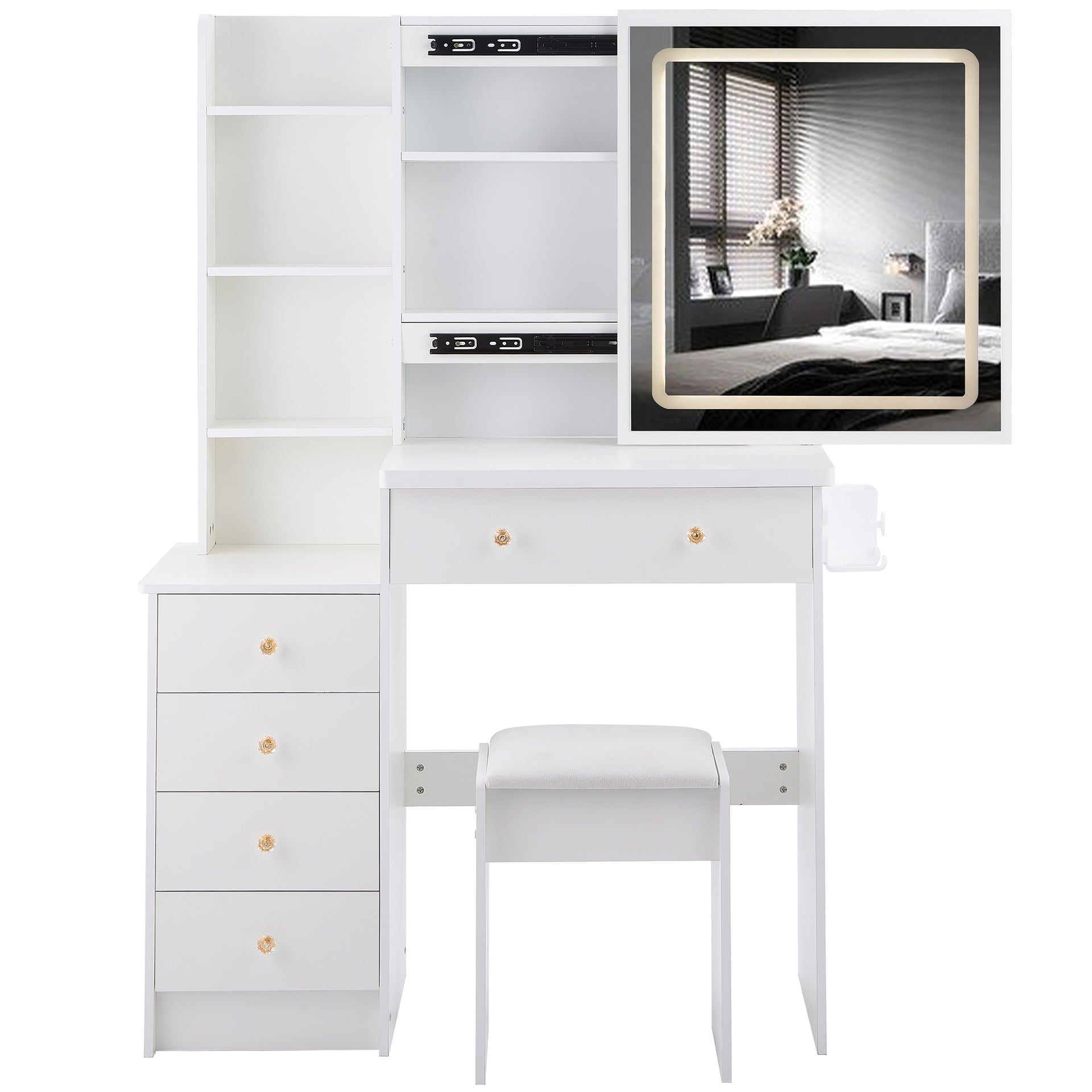 37 inch  Middle Size Left Bedside Cabinet Vanity Table + Cushioned Stool Dresser Set, 2 AC+2 USB Socket, Hair Dryer Stand, Large Touch Control LED Sliding Mirror, 3-color Switch, EPA, GCC, UL Certificate