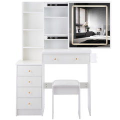 37 inch  Middle Size Left Bedside Cabinet Vanity Table + Cushioned Stool Dresser Set, 2 AC+2 USB Socket, Hair Dryer Stand, Large Touch Control LED Sliding Mirror, 3-color Switch, EPA, GCC, UL Certificate