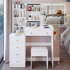 37 inch  Middle Size Left Bedside Cabinet Vanity Table + Cushioned Stool Dresser Set, 2 AC+2 USB Socket, Hair Dryer Stand, Large Touch Control LED Sliding Mirror, 3-color Switch, EPA, GCC, UL Certificate