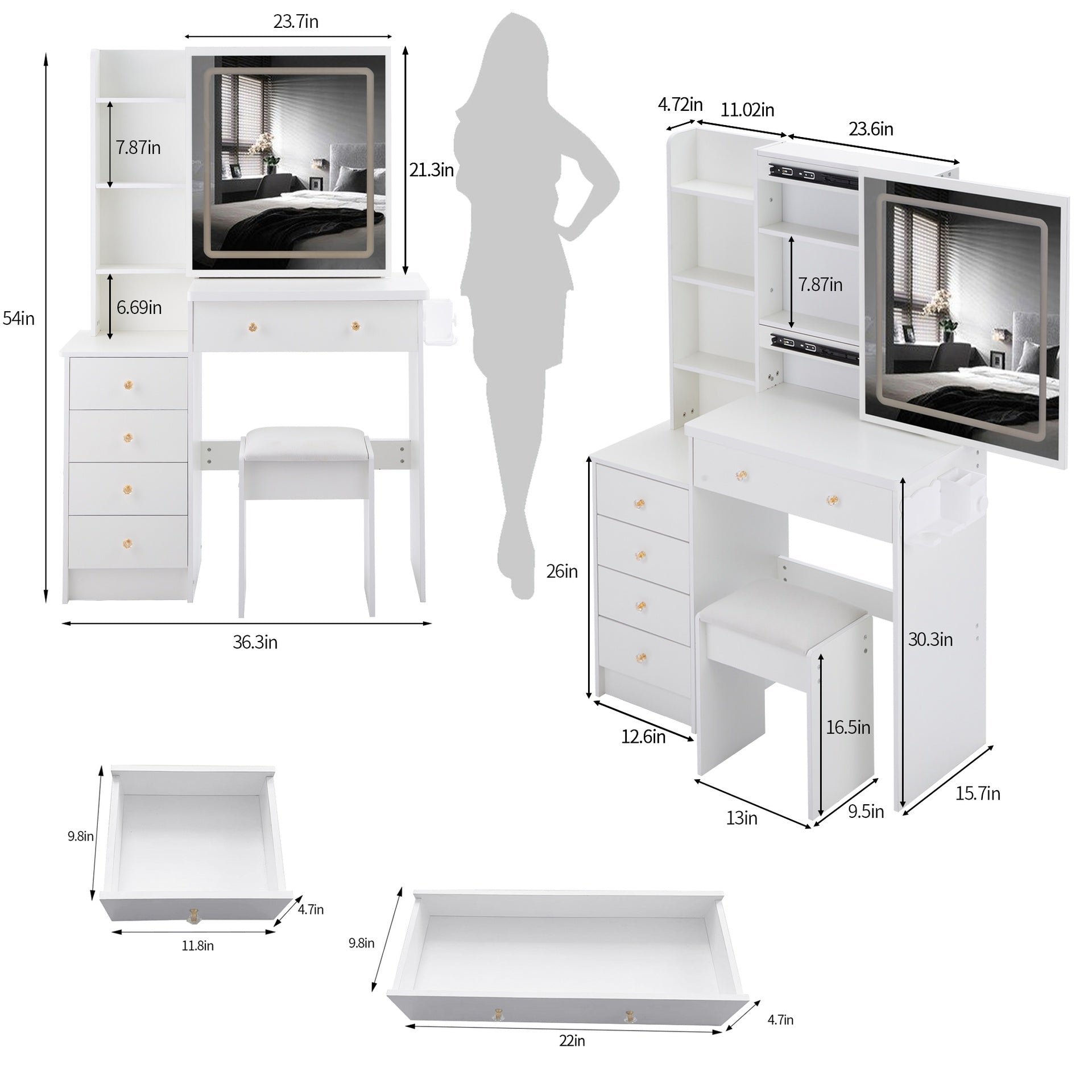 37 inch  Middle Size Left Bedside Cabinet Vanity Table + Cushioned Stool Dresser Set, 2 AC+2 USB Socket, Hair Dryer Stand, Large Touch Control LED Sliding Mirror, 3-color Switch, EPA, GCC, UL Certificate