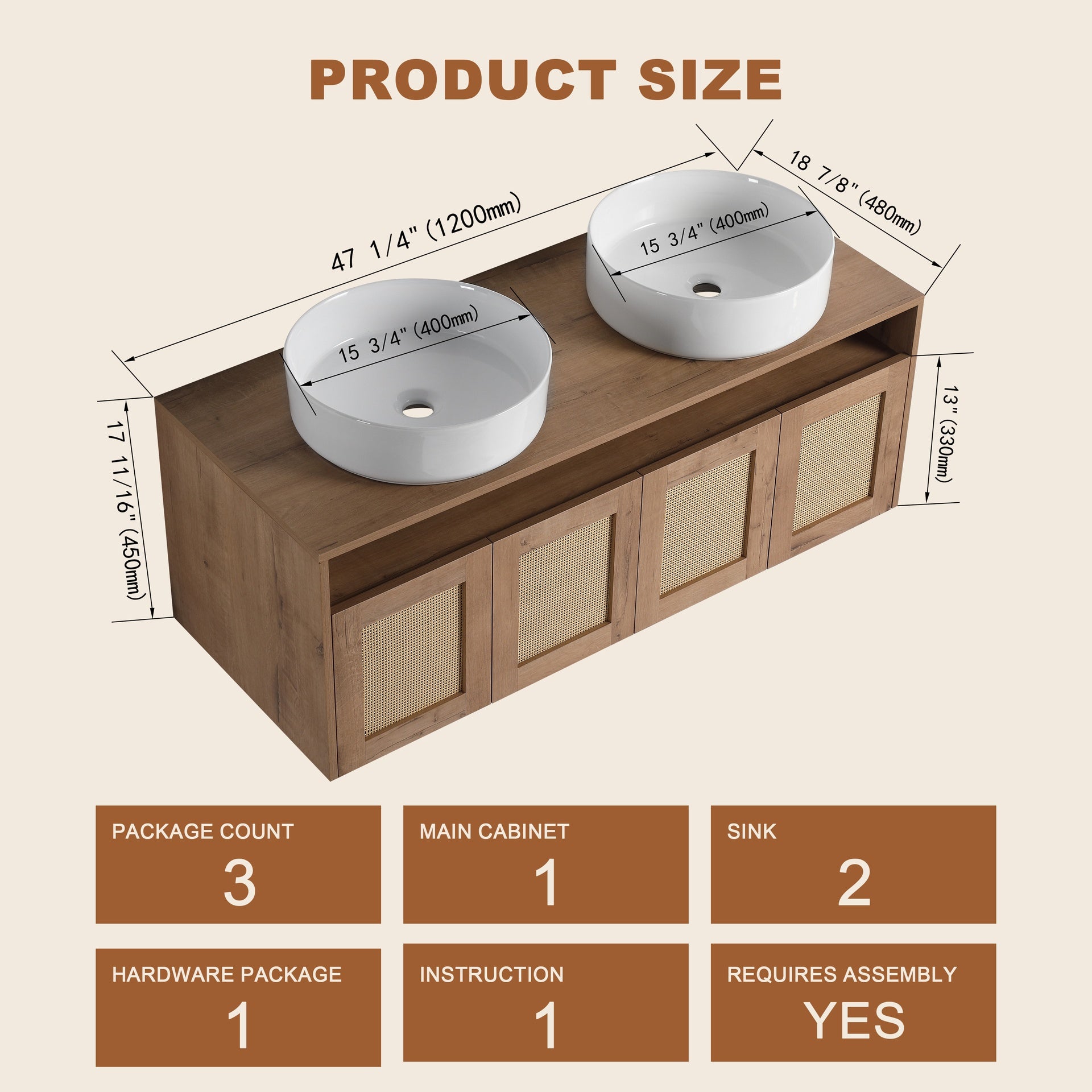 48" Bathroom Vanity with White Ceramic Art Sink, 4-Soft Close Door, Float Mounting Design, Plywood (KD-Packing)