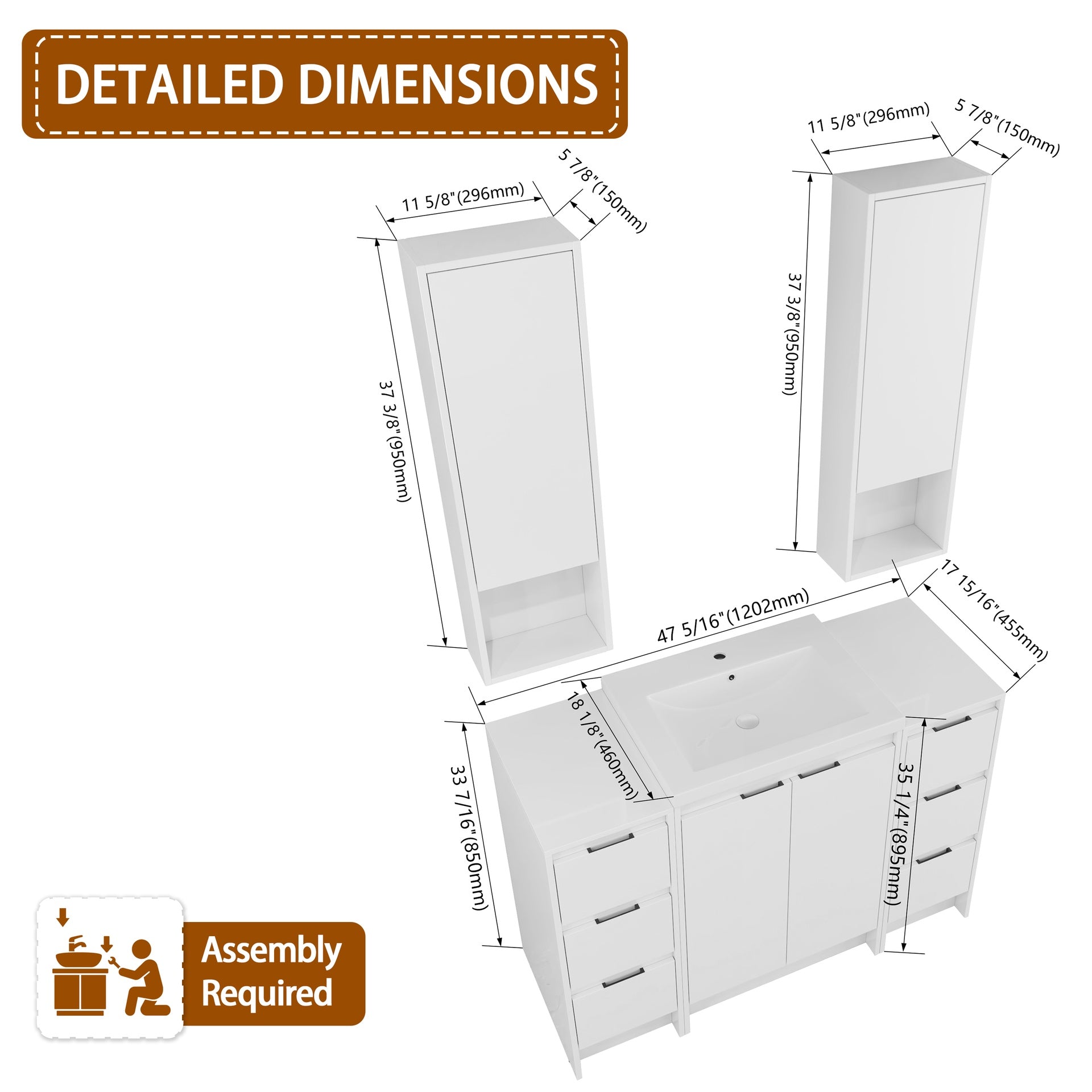 48" Freestanding Bathroom Vanity With Resin Sink, and 2-Storage Cabinet, 2-Wall Cabinet, Soft Closing Doors and Drawer, Glossy White, Plywood ( KD-Packing )