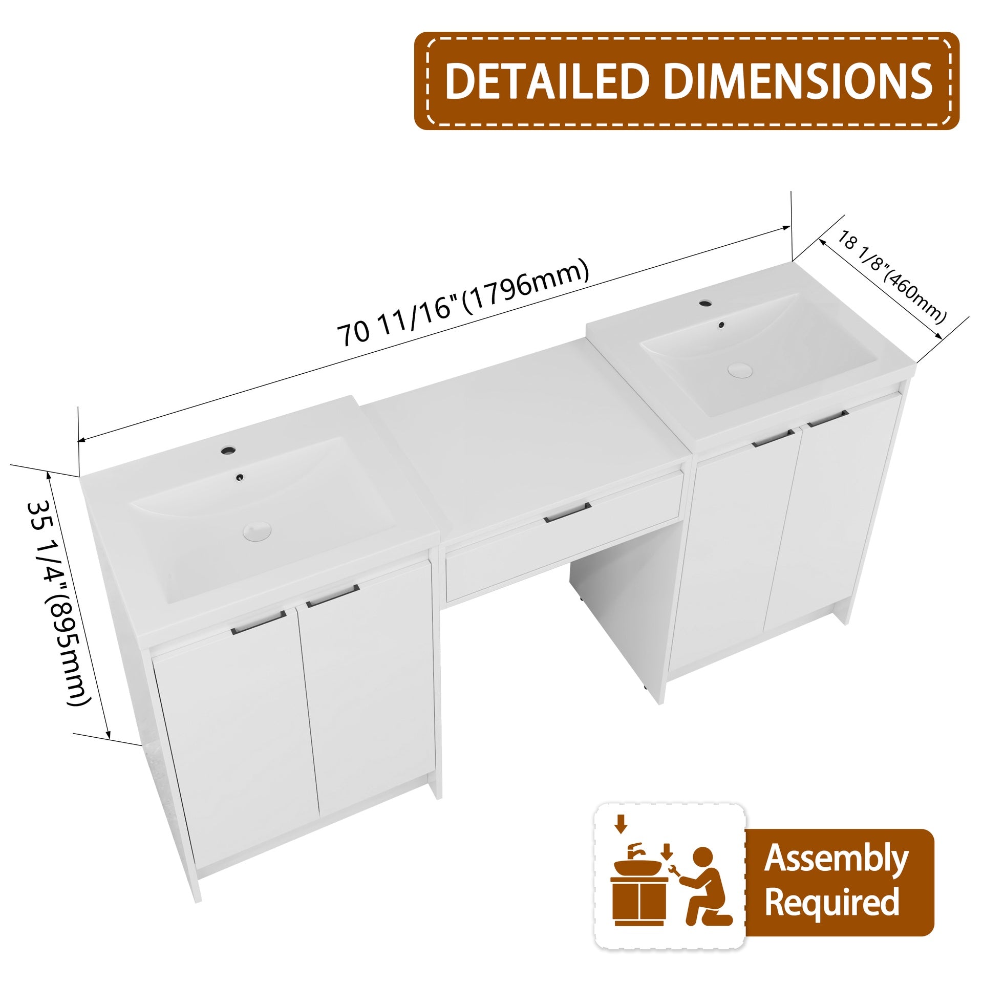 72" Freestanding Bathroom Vanity With Resin Sink, and 1-Side Cabinet, Soft Closing Doors and Drawer, Glossy White, Plywood ( KD-Packing )