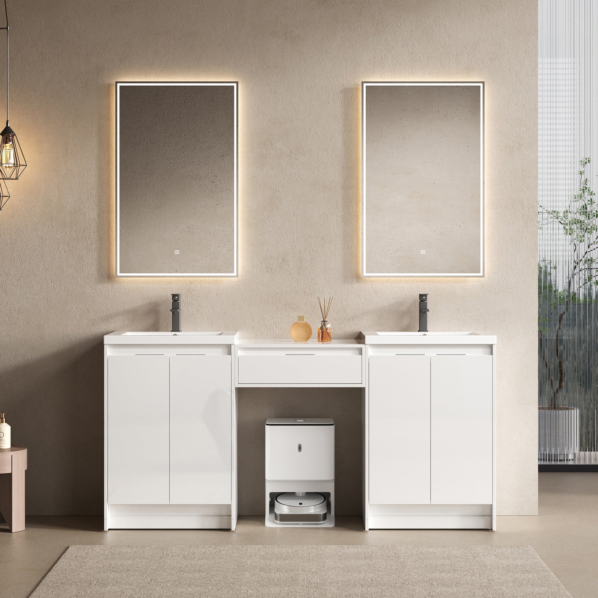 72" Freestanding Bathroom Vanity With Resin Sink, and 1-Side Cabinet, Soft Closing Doors and Drawer, Glossy White, Plywood ( KD-Packing )