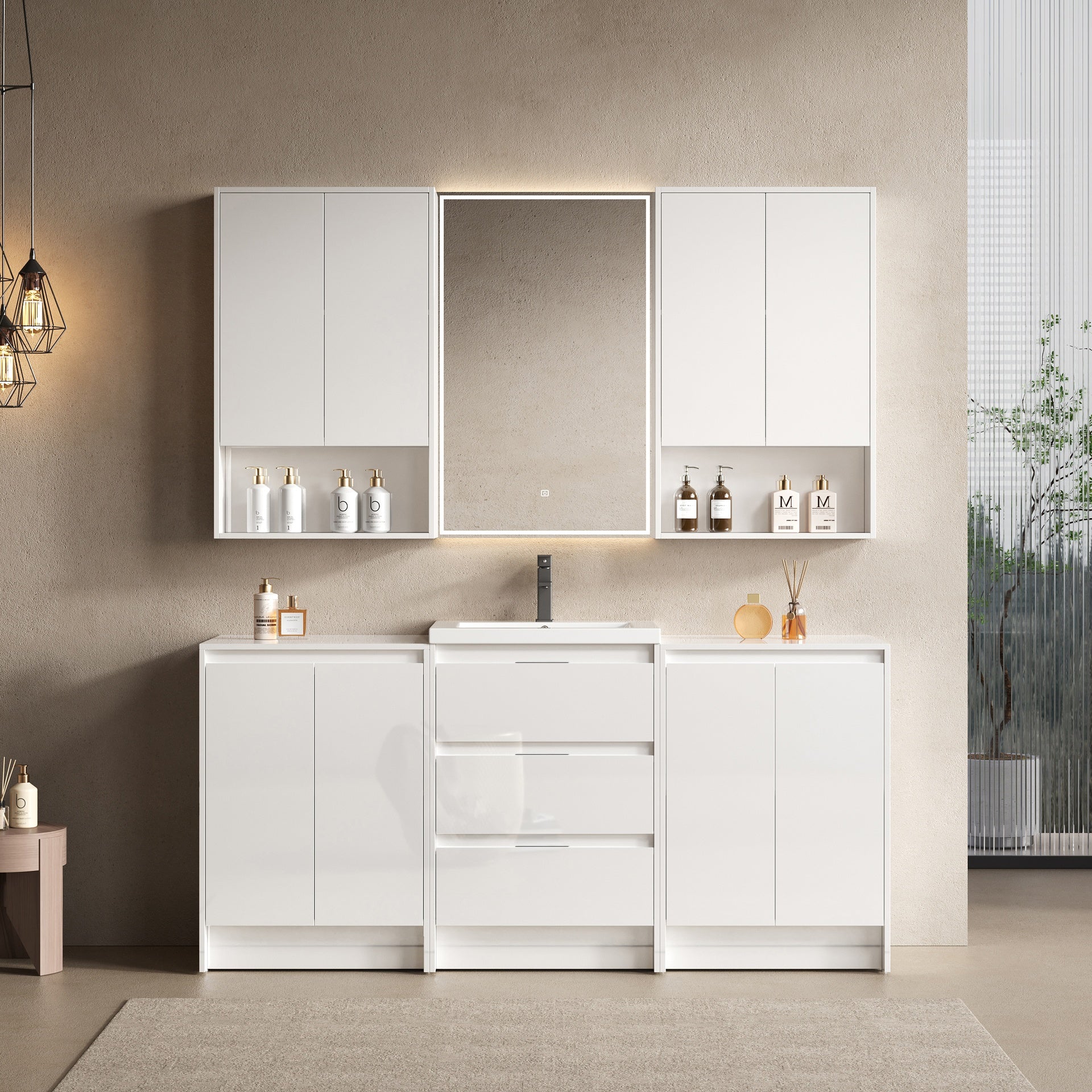72" Freestanding Bathroom Vanity with Resin Sink Combination, 2-Storage Cabinet and 2-Wall Cabinet, Soft Closing Doors and Drawers, Glossy White, Plywood(KD-Packing)