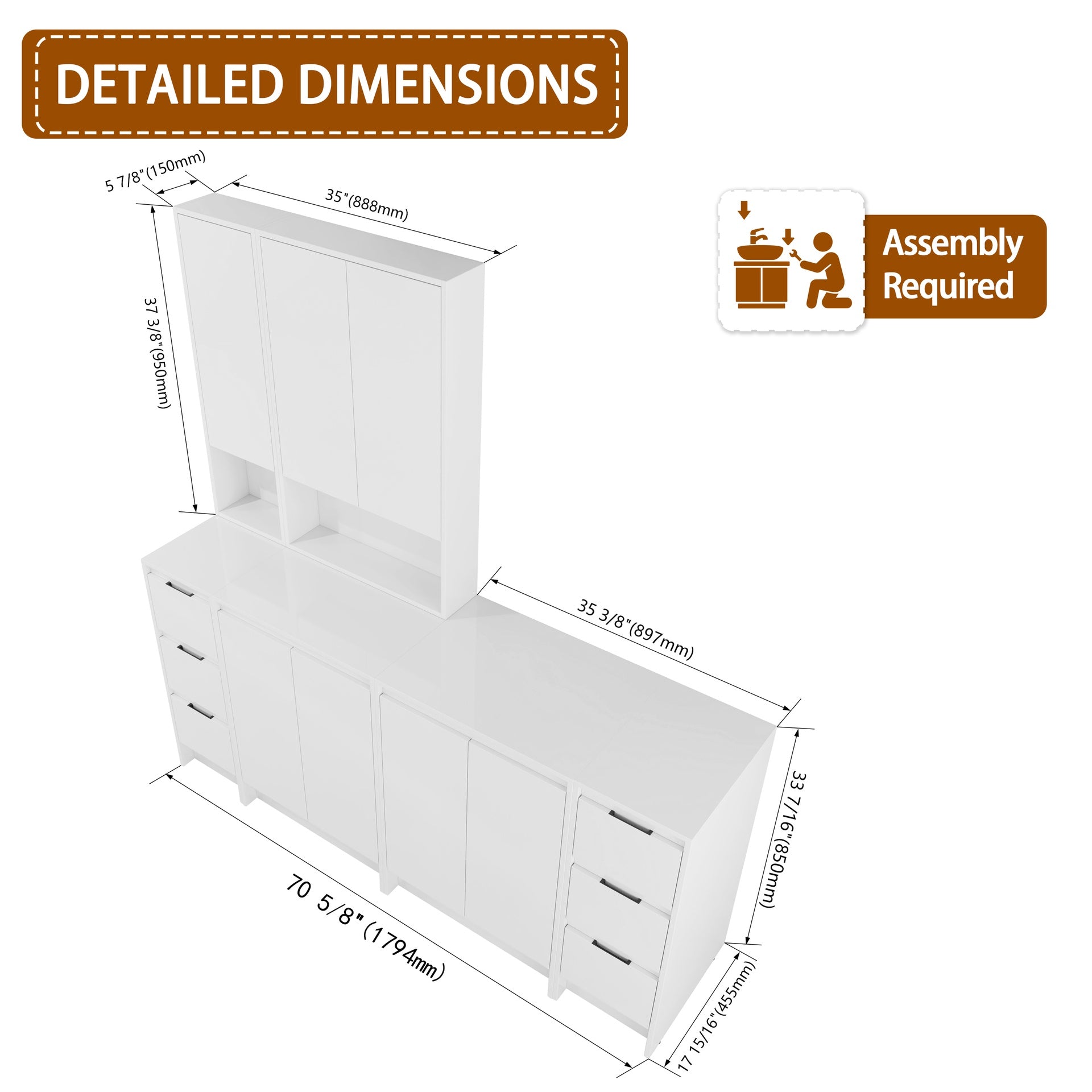 72" Freestanding Vanity Combination, 4-Storage Cabinet and 2-Wall Cabinet Combination, Soft Closing Doors and Drawers, Glossy White, Plywood(KD-Packing)