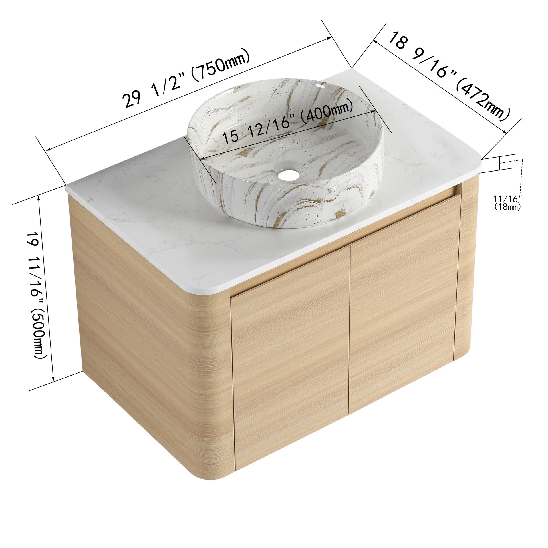 30'' Wall-Mounted Bathroom Vanity With Ceramic Art Sink & 2-Soft-Close Door, KD-Packing, Plywood