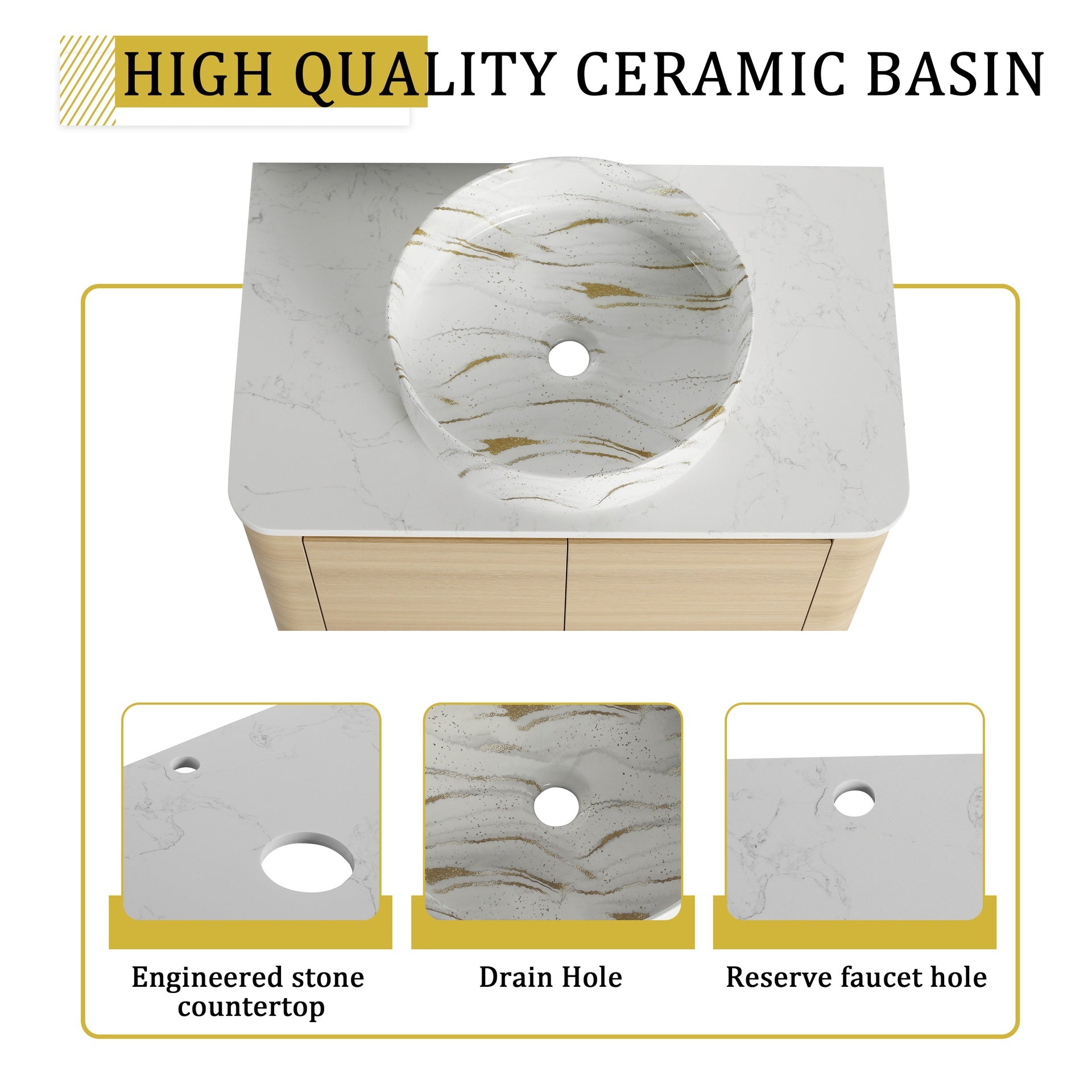 30'' Wall-Mounted Bathroom Vanity With Ceramic Art Sink & 2-Soft-Close Door, KD-Packing, Plywood