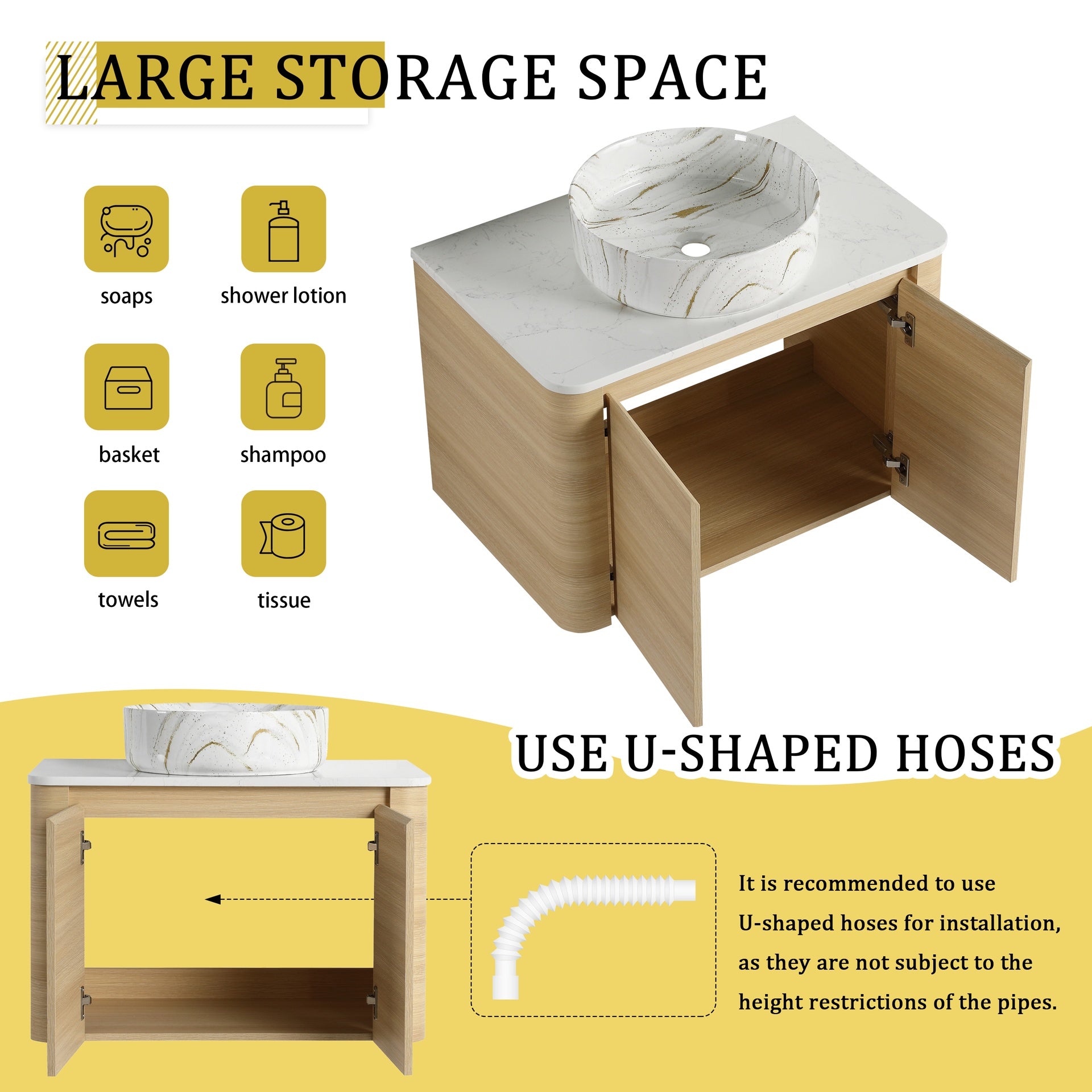 30'' Wall-Mounted Bathroom Vanity With Ceramic Art Sink & 2-Soft-Close Door, KD-Packing, Plywood
