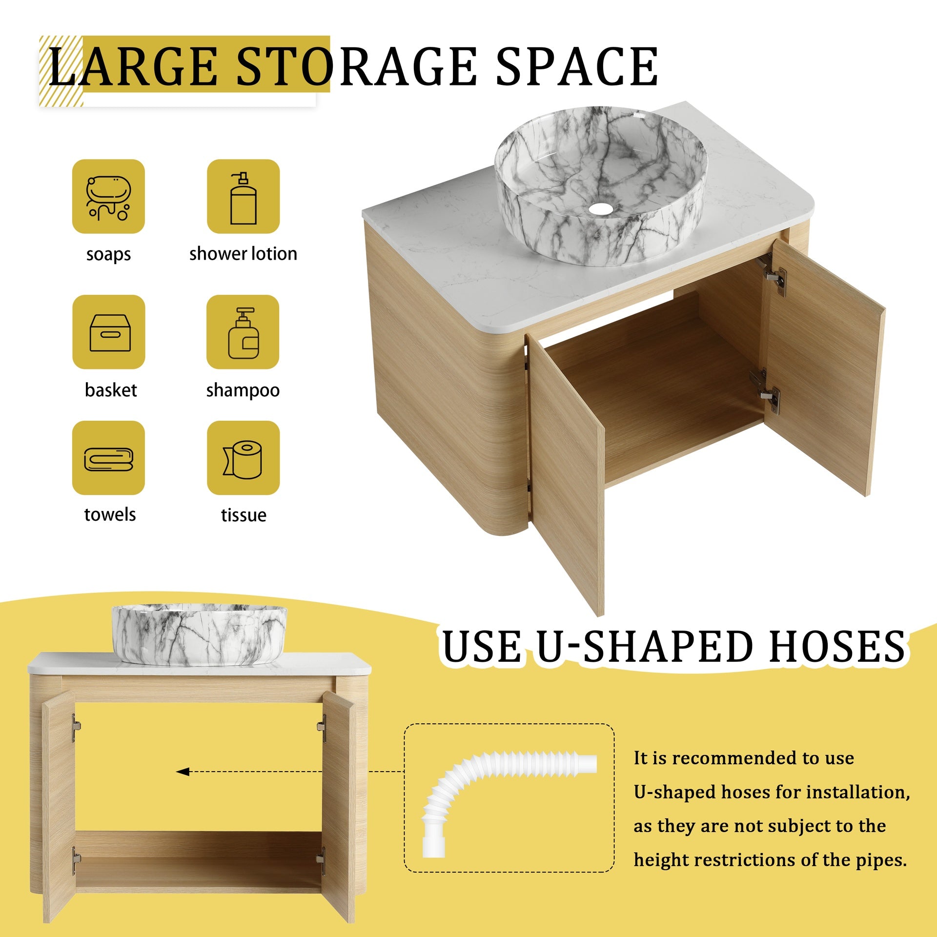30'' Wall-Mounted Bathroom Vanity With Ceramic Art Sink & 2-Soft-Close Door, KD-Packing, Plywood