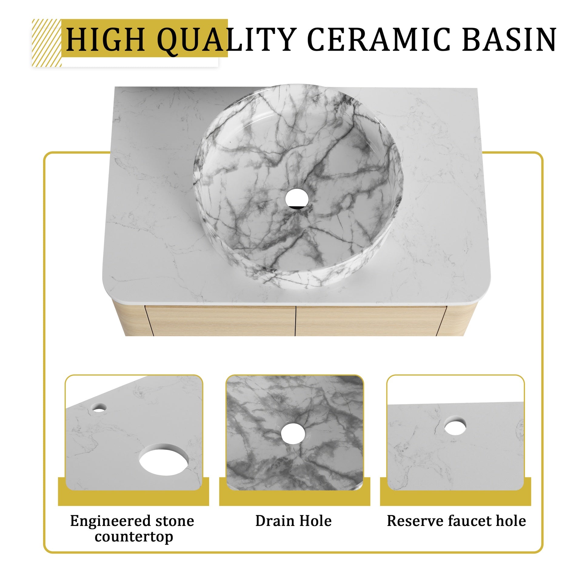 30'' Wall-Mounted Bathroom Vanity With Ceramic Art Sink & 2-Soft-Close Door, KD-Packing, Plywood