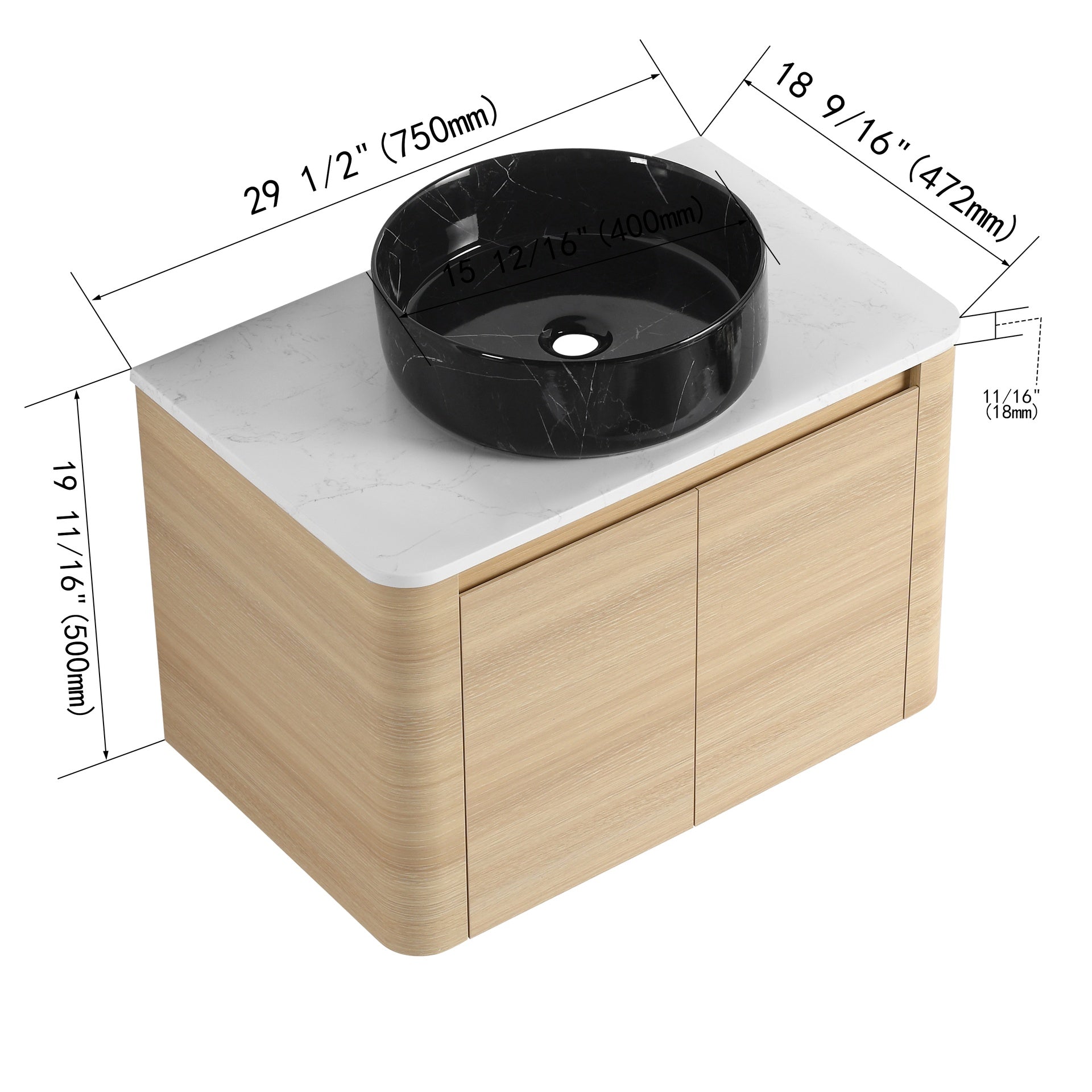 30'' Wall-Mounted Bathroom Vanity With Ceramic Art Sink & 2-Soft-Close Door, KD-Packing, Plywood