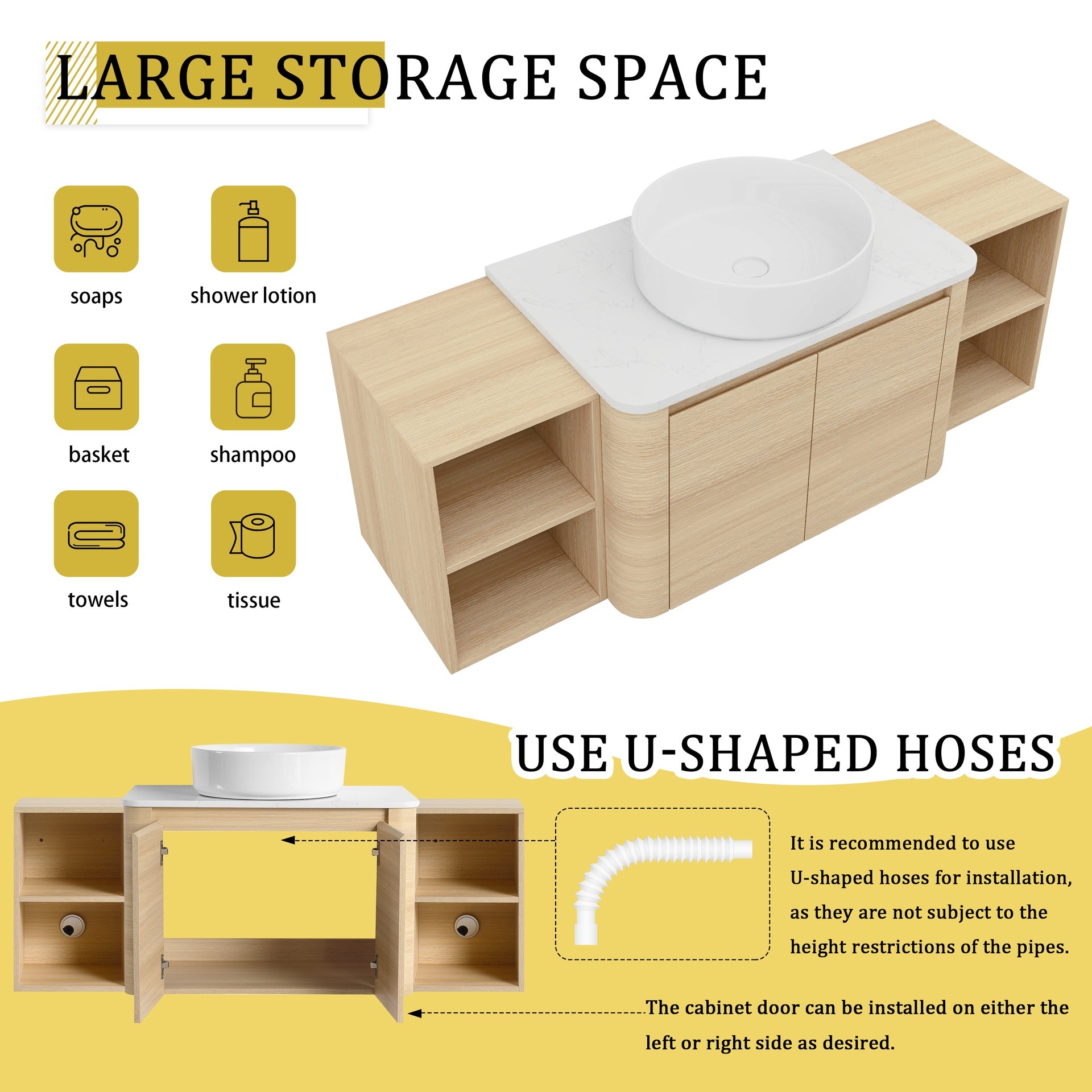 54'' Wall-Mounted Bathroom Vanity With Ceramic Art Sink, and 2-Storage Shelves, 2-Soft-Close Door, KD-Packing, Plywood