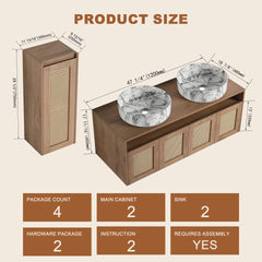 48" Bathroom Vanity with 2-Ceramic Art Sink and Side Cabinet, 4-Soft Close Door, Float Mounting Design, Plywood (KD-Packing)