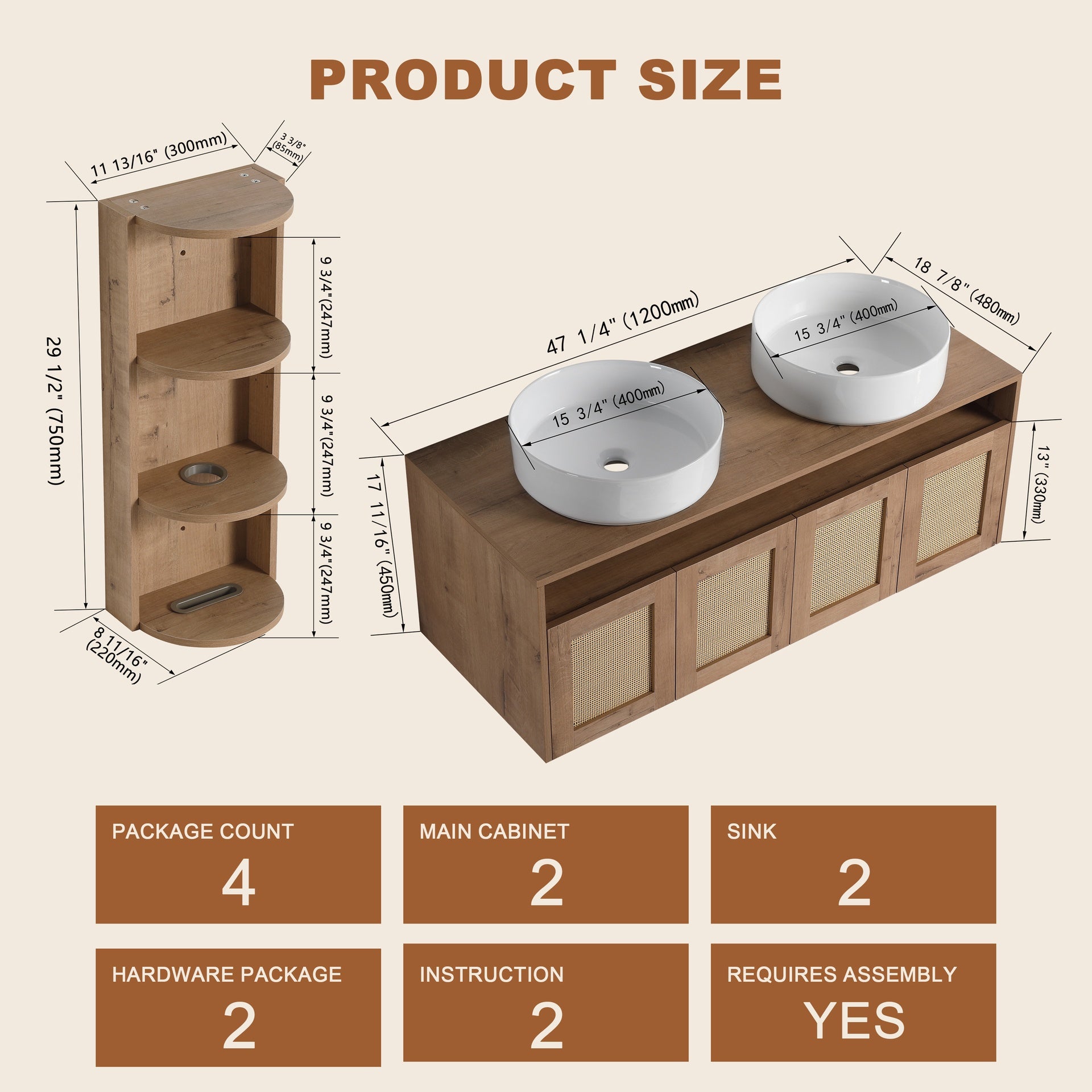48" Bathroom Vanity with 2-Ceramic Art Sink and Storage Rack, 4-Soft Close Door, Float Mounting Design, Plywood (KD-Packing)