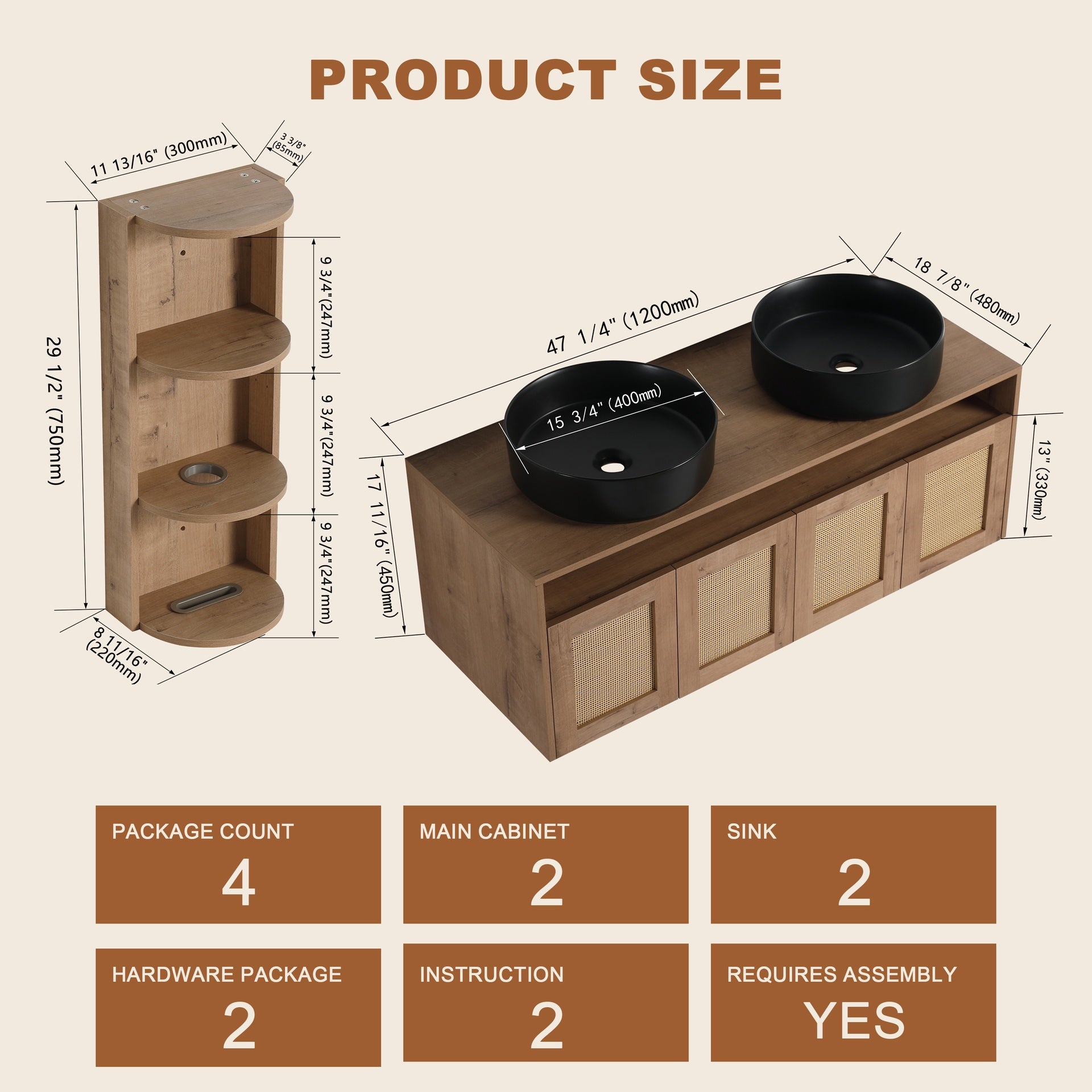 48" Bathroom Vanity with 2-Ceramic Art Sink and Storage Rack, 4-Soft Close Door, Float Mounting Design, Plywood (KD-Packing)