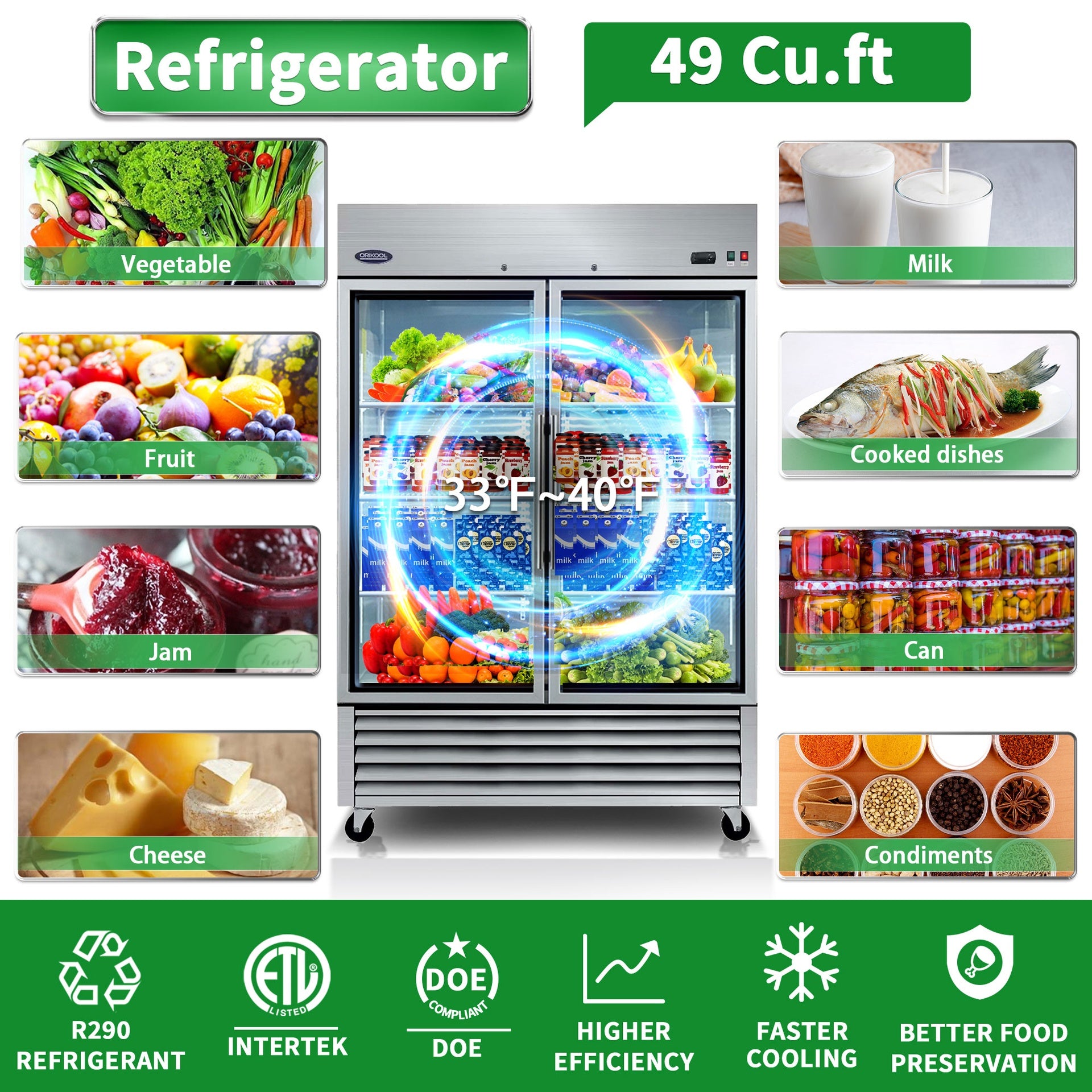 ORIKOOL 54" Commercial Display Refrigerator Swing Glass Door 49 Cu.ft Stainless Steel Reach-in Merchandiser Refrigerators with LED Lighting