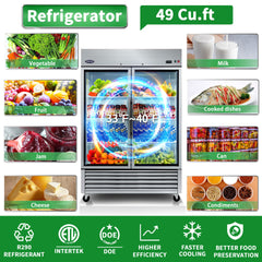 ORIKOOL 54" Commercial Display Refrigerator Swing Glass Door 49 Cu.ft Stainless Steel Reach-in Merchandiser Refrigerators with LED Lighting