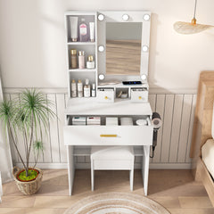 Vanity Table with Mirror & Adjustable LED Lights, Power Outlet, Hairdryer Holder & Stool – Compact Dressing Desk for Small Bedrooms(White)