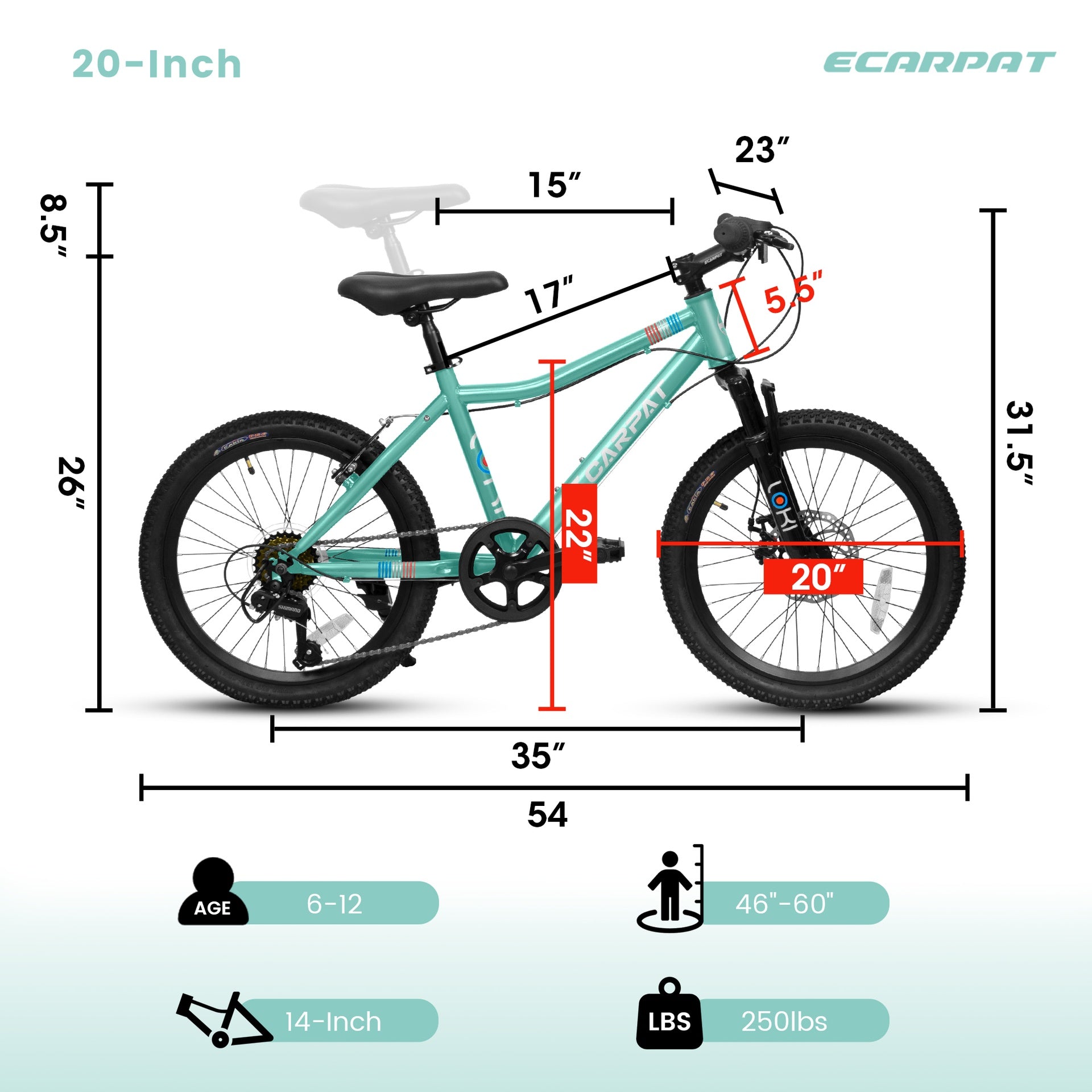 S20101 20 Inch Kids' Bike, Boys Girls Mountain Bike Ages 6-12, 7 Speed Teenager Children Kids' Bicycles, Front Suspension Disc Brake Rear V-Brake, High Steel Frame