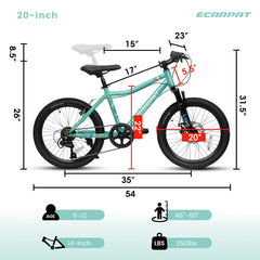S20101 20 Inch Kids' Bike, Boys Girls Mountain Bike Ages 6-12, 7 Speed Teenager Children Kids' Bicycles, Front Suspension Disc Brake Rear V-Brake, High Steel Frame
