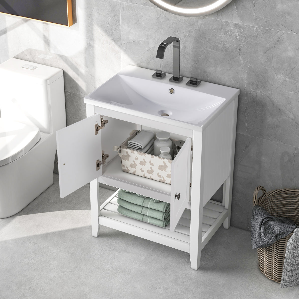 24" White Modern Sleek Bathroom Vanity Elegant Ceramic Sink with Solid Wood Frame Open Style Shelf (OLD SKU: JL000001AAK)