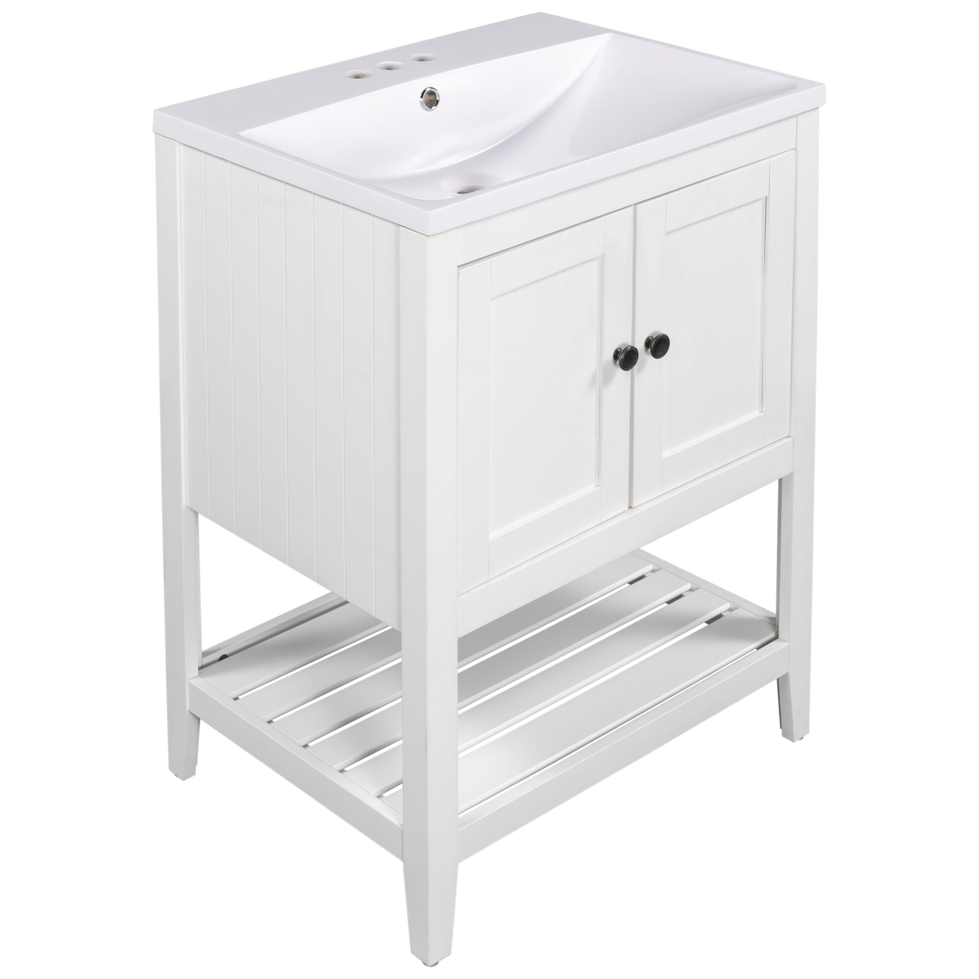 24" White Modern Sleek Bathroom Vanity Elegant Ceramic Sink with Solid Wood Frame Open Style Shelf (OLD SKU: JL000001AAK)