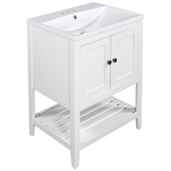 24" White Modern Sleek Bathroom Vanity Elegant Ceramic Sink with Solid Wood Frame Open Style Shelf (OLD SKU: JL000001AAK)