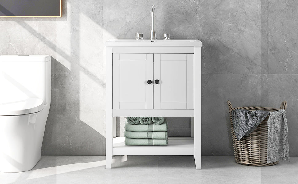 24" White Modern Sleek Bathroom Vanity Elegant Ceramic Sink with Solid Wood Frame Open Style Shelf (OLD SKU: JL000001AAK)