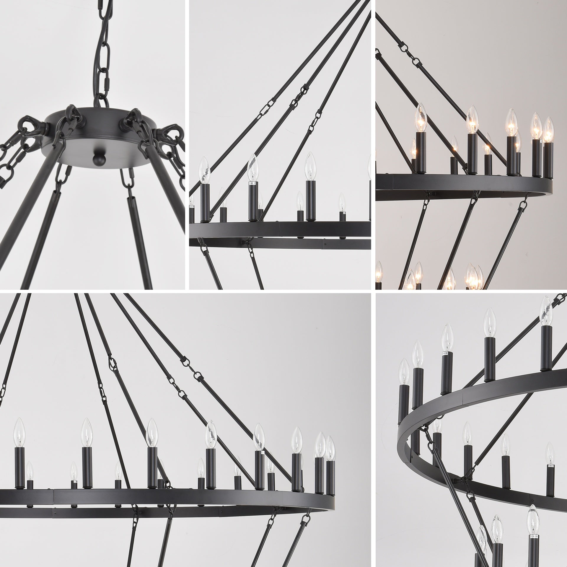 70.87 INCH 4 Tiers Wagon Wheel Chandelier  Farmhouse 60-Lights , Black Metal Chandeliers 4-Story Light Fixtures Industrial for High Ceiling Living Dining Room Foyer. Adjustable Height-E12