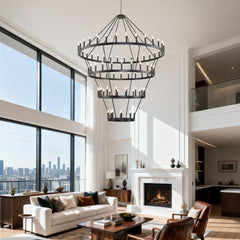 70.87 INCH 4 Tiers Wagon Wheel Chandelier  Farmhouse 60-Lights , Black Metal Chandeliers 4-Story Light Fixtures Industrial for High Ceiling Living Dining Room Foyer. Adjustable Height-E12