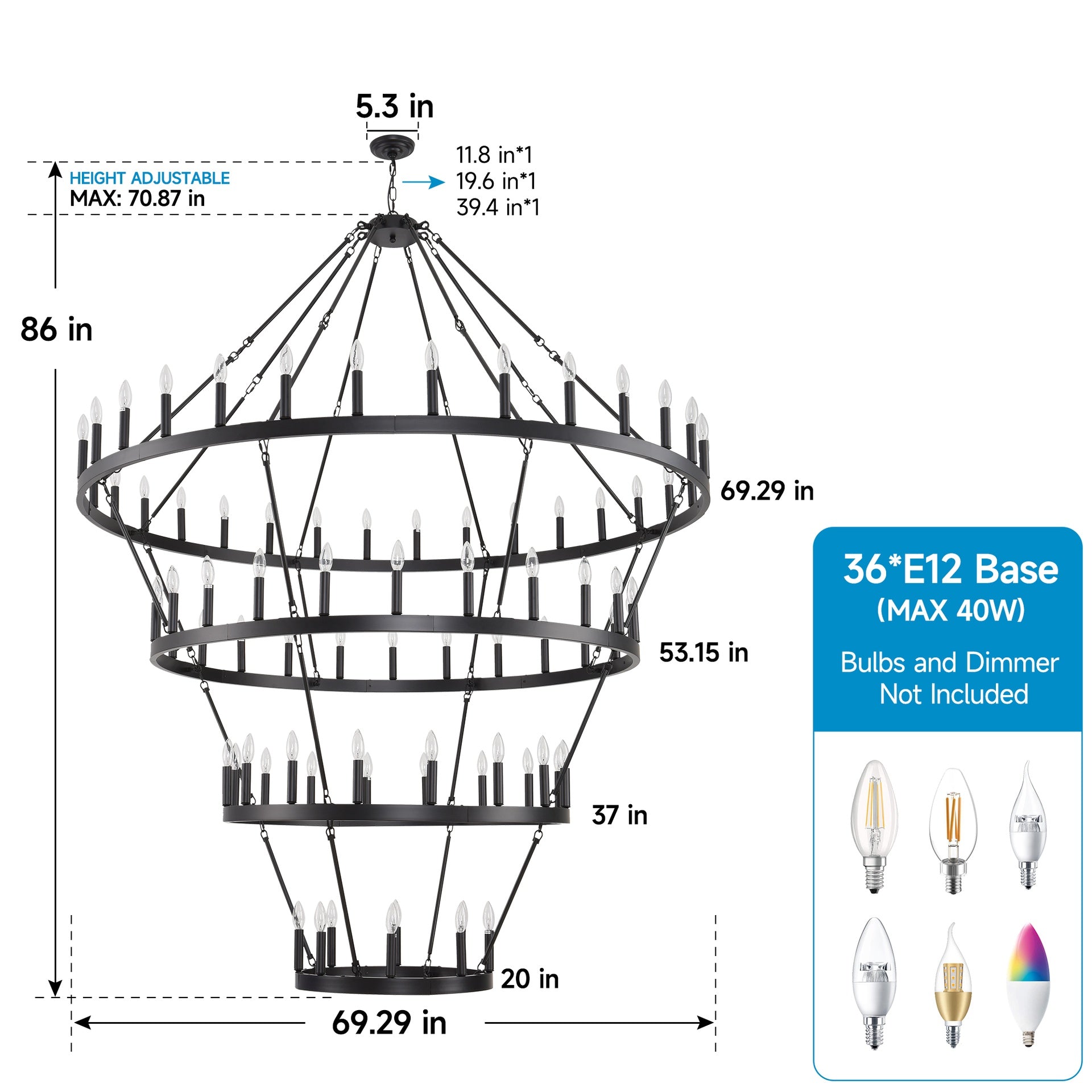 70.87 INCH 4 Tiers Wagon Wheel Chandelier  Farmhouse 60-Lights , Black Metal Chandeliers 4-Story Light Fixtures Industrial for High Ceiling Living Dining Room Foyer. Adjustable Height-E12