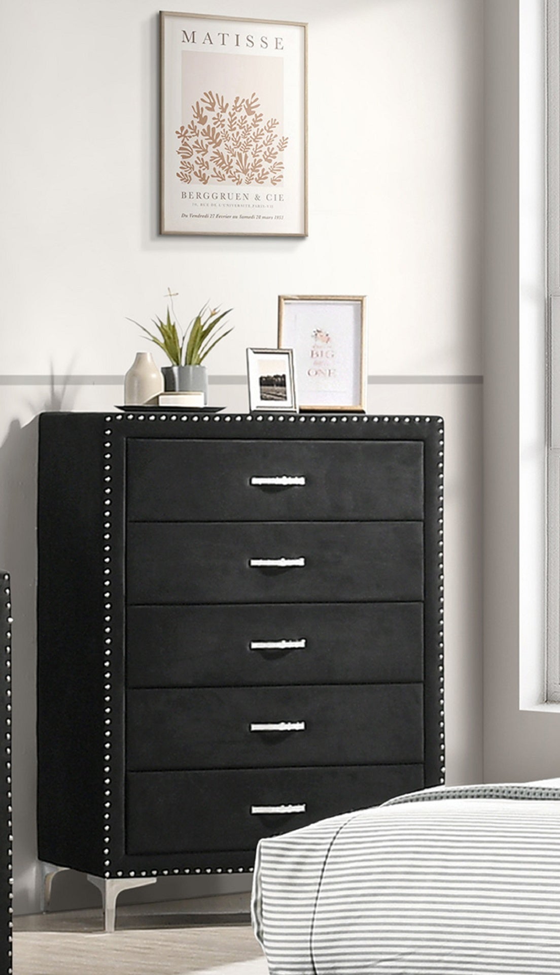 1pc Glam Style Five Drawers Chest Fabric Upholstered Nailhead Tufted Wood Metal Fabric Bedroom Furniture