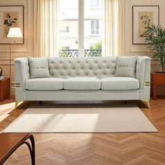 FX-P83-CW3 (SOFA WITH 2PILLOWS)-Modern Tufted Velvet Sofa, 82.67" Mid-Century 3-Seater Couch with Gold Metal Legs & Pillows, Elegant Chesterfield-Style Sofa for Living Room, Cream White
