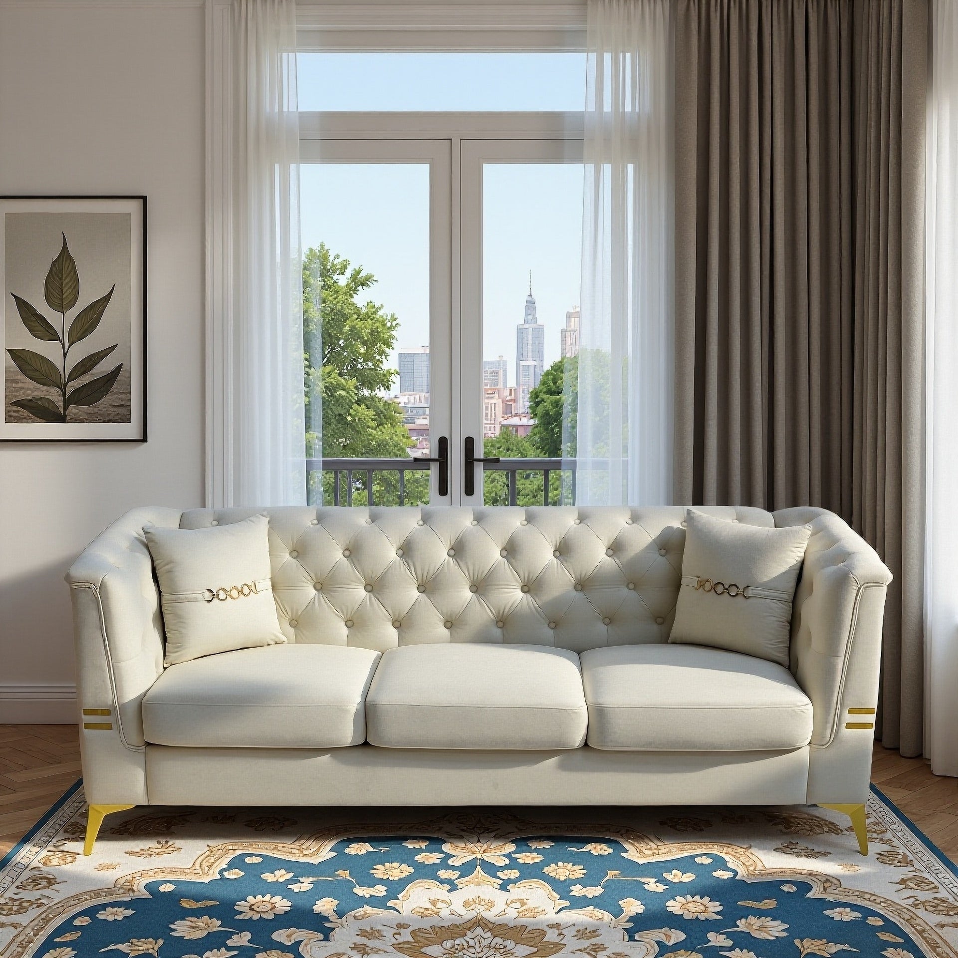 FX-P83-CW3 (SOFA WITH 2PILLOWS)-Modern Tufted Velvet Sofa, 82.67" Mid-Century 3-Seater Couch with Gold Metal Legs & Pillows, Elegant Chesterfield-Style Sofa for Living Room, Cream White