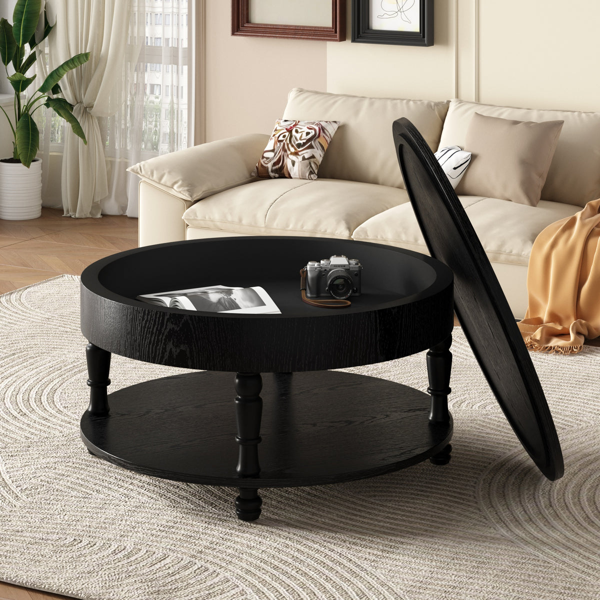 Coffee Table with Dual Storage for Living Room, 31.5" Modern Round Coffee Table with Storage and Hidden Compartment, Adjustable Leveling Feet, Easy Assembly (Black)