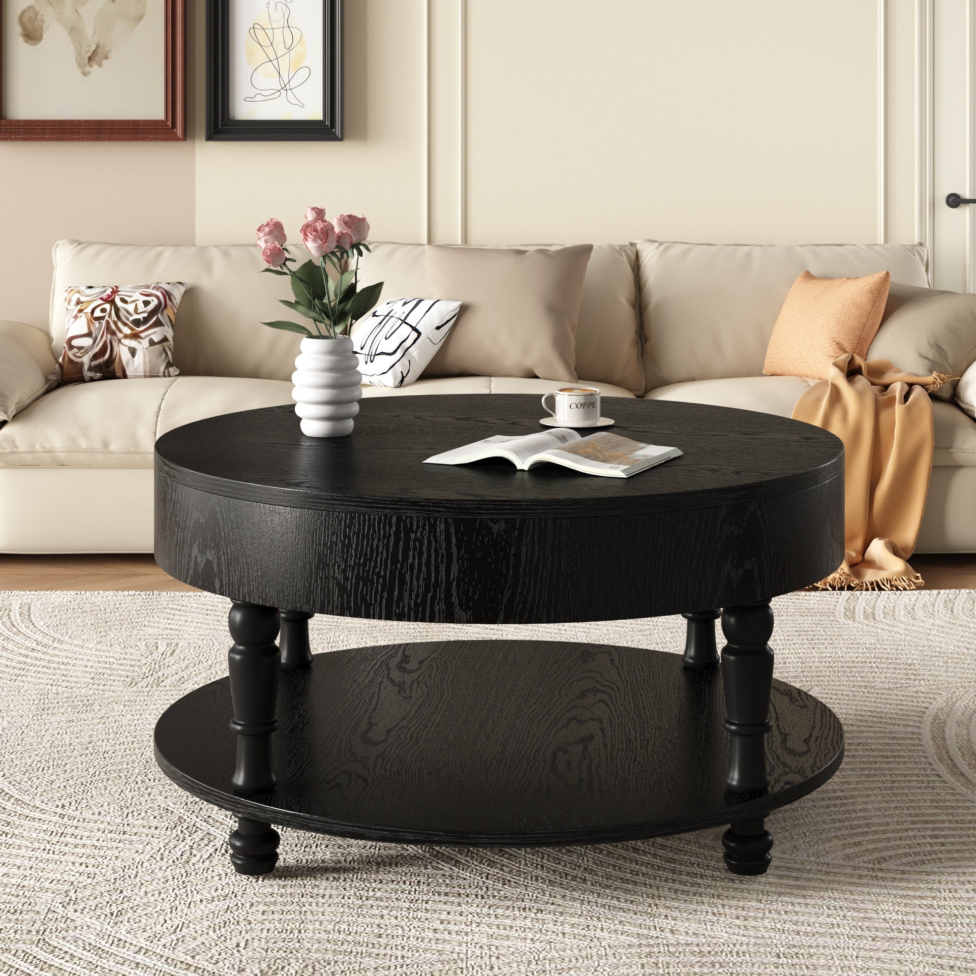 Coffee Table with Dual Storage for Living Room, 31.5" Modern Round Coffee Table with Storage and Hidden Compartment, Adjustable Leveling Feet, Easy Assembly (Black)