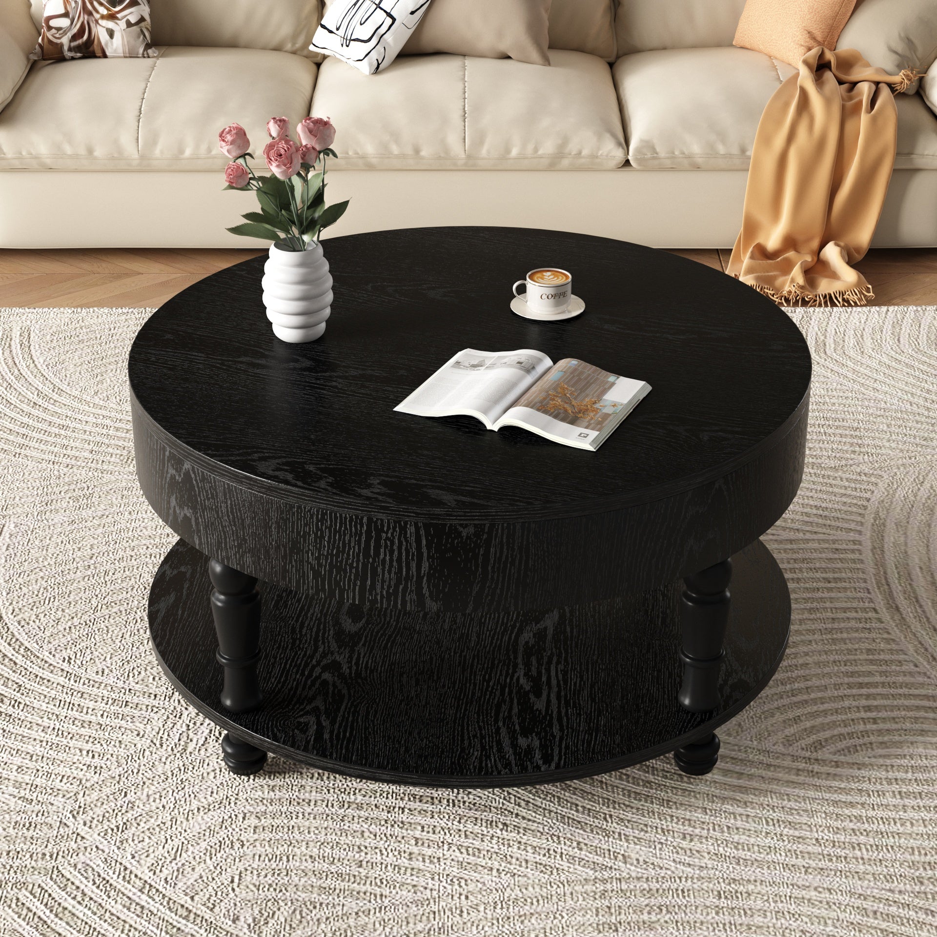 Coffee Table with Dual Storage for Living Room, 31.5" Modern Round Coffee Table with Storage and Hidden Compartment, Adjustable Leveling Feet, Easy Assembly (Black)