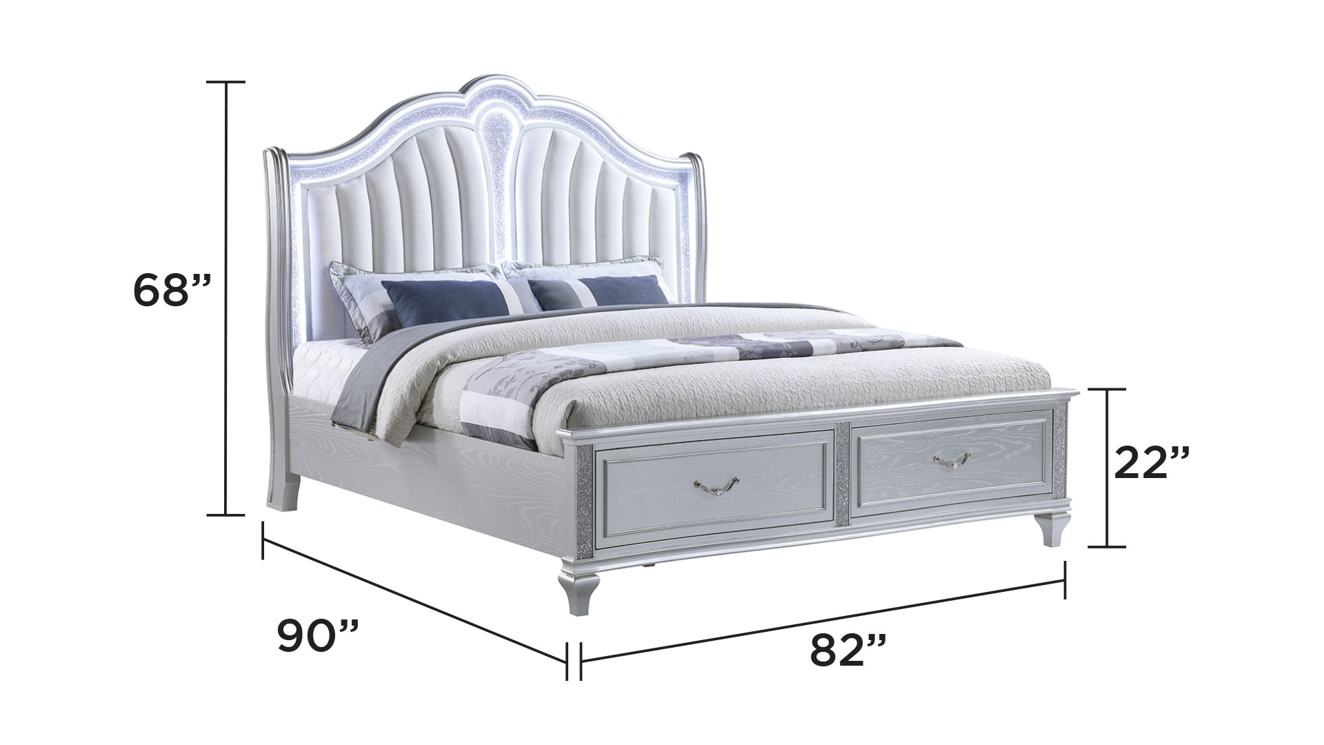 Mystic Contemporary Style Upholstered LED headboard King 5PC Bedroom Set made with Wood in Silver(CA Inventory)