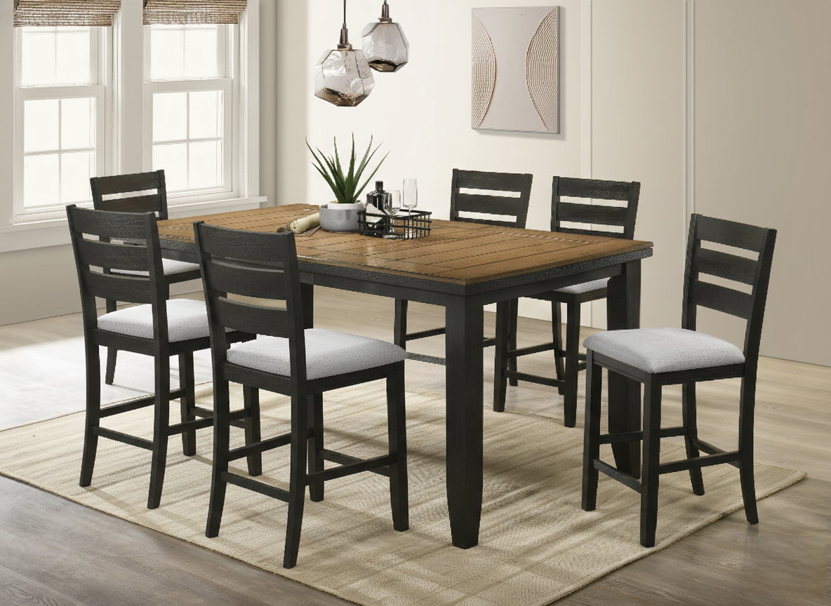 Contemporary 7pc Counter Height Dining Set 18" Extendable Leaf Table Gray Fabric Upholstered Chair Seats Wheat Charcoal Finish Wooden Solid Wood Dining Room Wooden Furniture